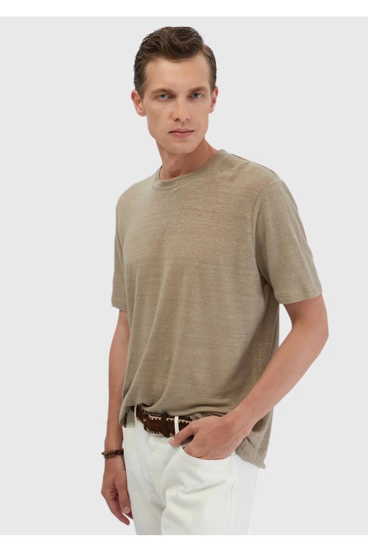 Ramsey Vizon Düz Bisiklet Yaka %100 Keten T-Shirt
