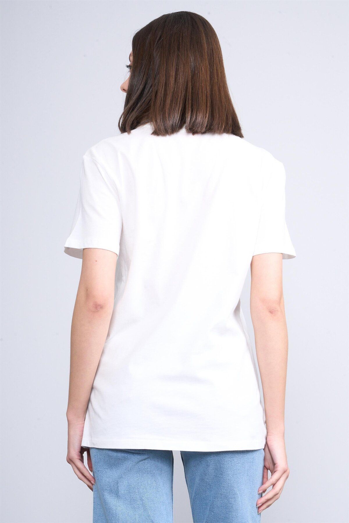 FİTHİT Çetinkaya Fithit 3264 Bisiklet Yaka Basic T-shirt Krem