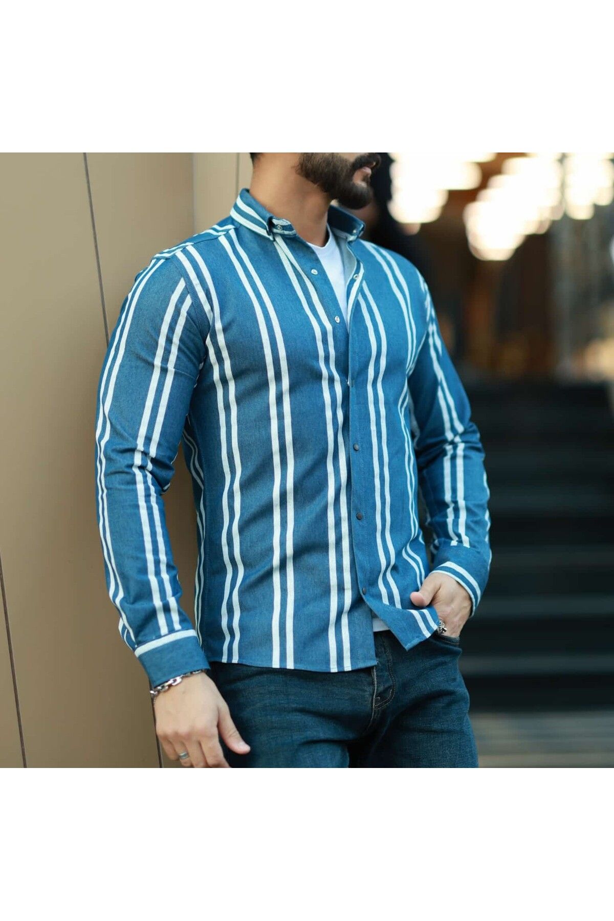 DEFES %100 Pamuk Denim Uzun Kollu Çizgili Erkek Gömlek