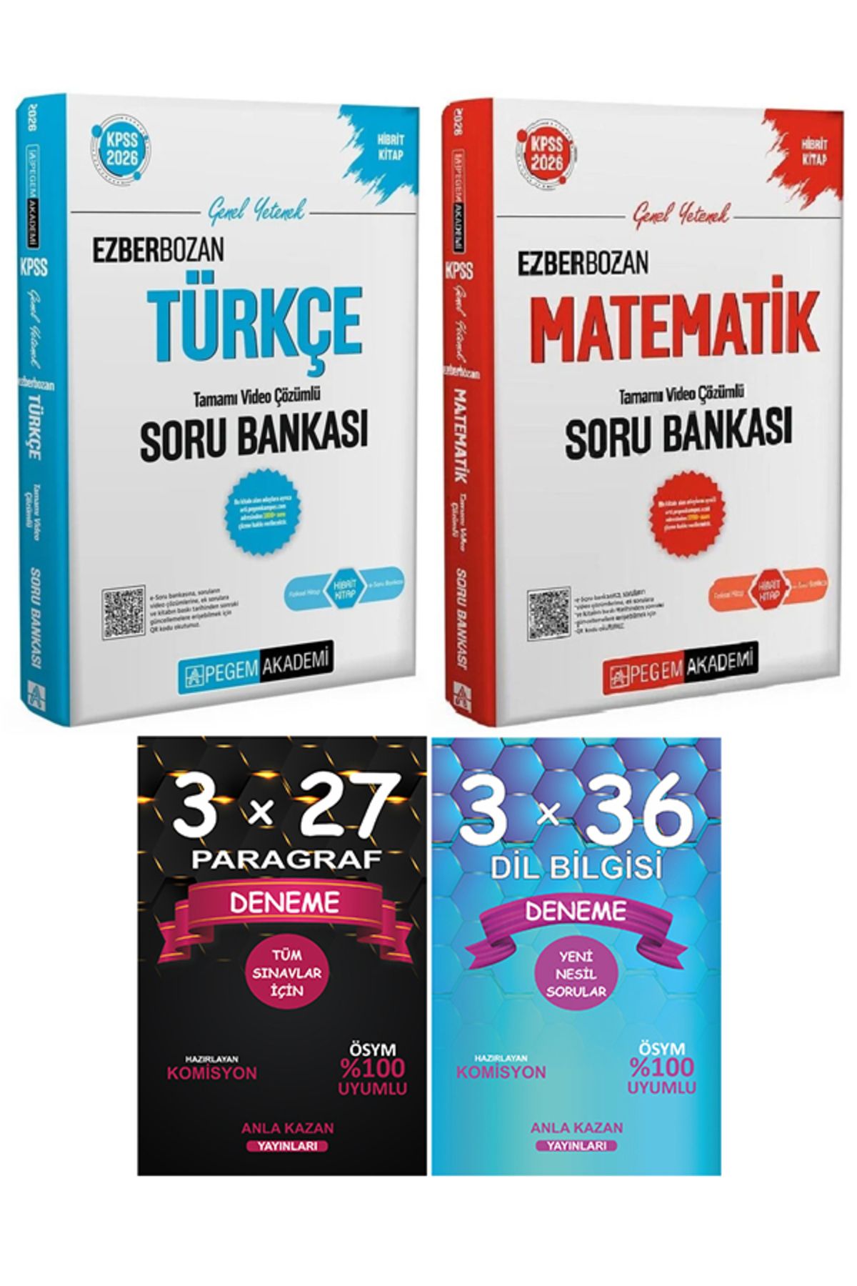 Pegem Akademi Yayıncılık Pegem + Anla Kazan KPSS Ezberbozan Türkçe Matematik Soru Paragraf + Dil Bilgisi Deneme 4 lü Set