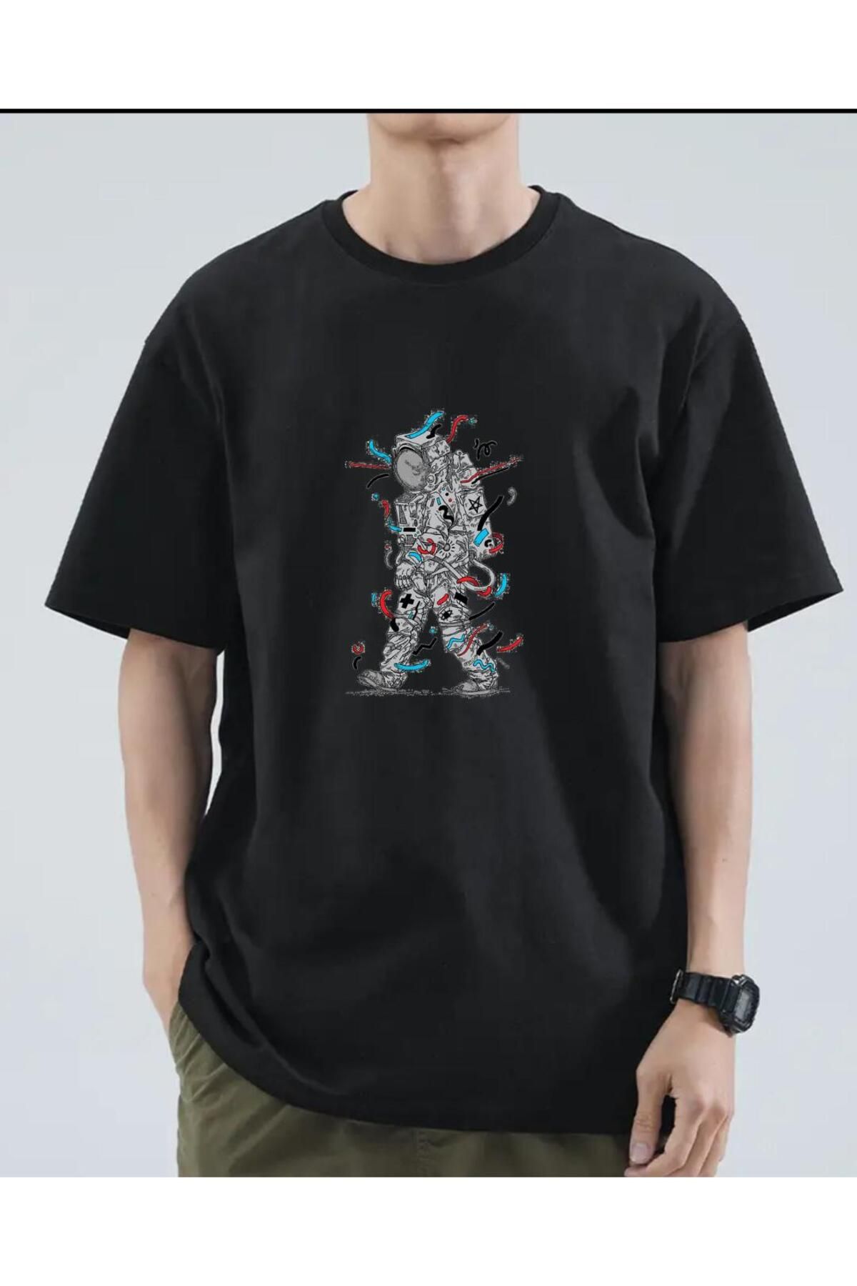 exans moda siyah renkli mumya basklı unisex oversize tshirt