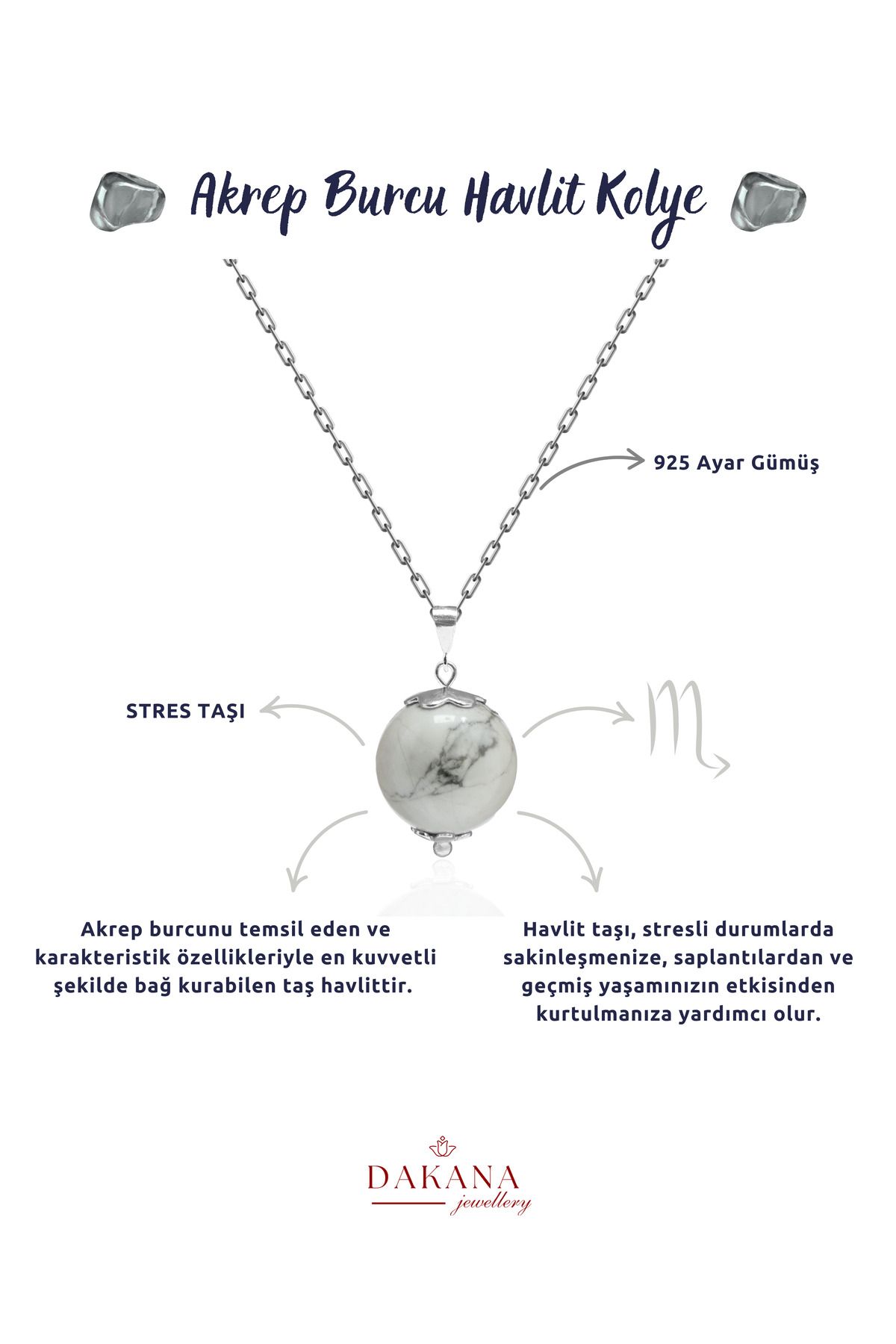 DAKANA JEWELLERY Sertifikalı Havlit Doğal Taş Akrep Burcu Gümüş Kolye