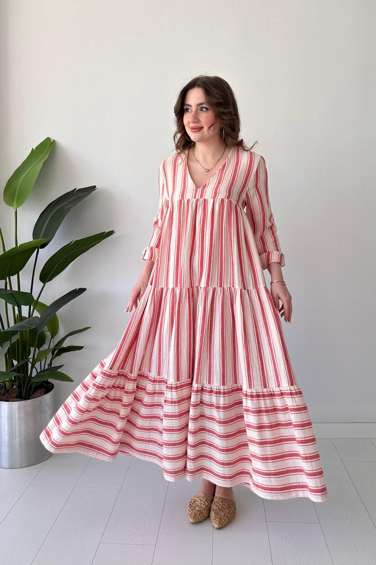 MaziButik Çizgili Bohem Elbise Kırmızı