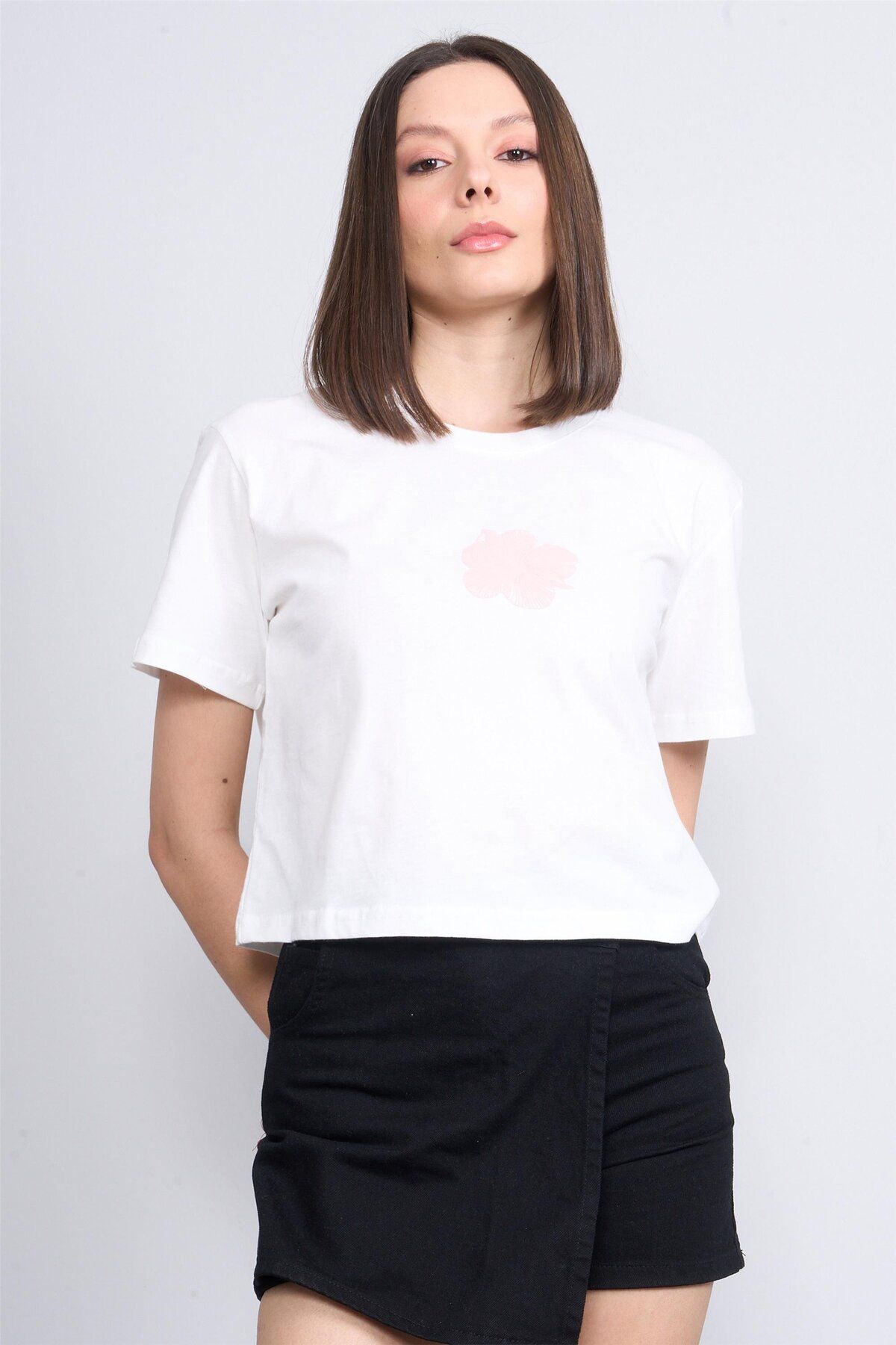 FİTHİT Çetinkaya Fithit 8310 Bisiklet Yaka 30/1 Penye Baskılı Crop T-shirt Krem