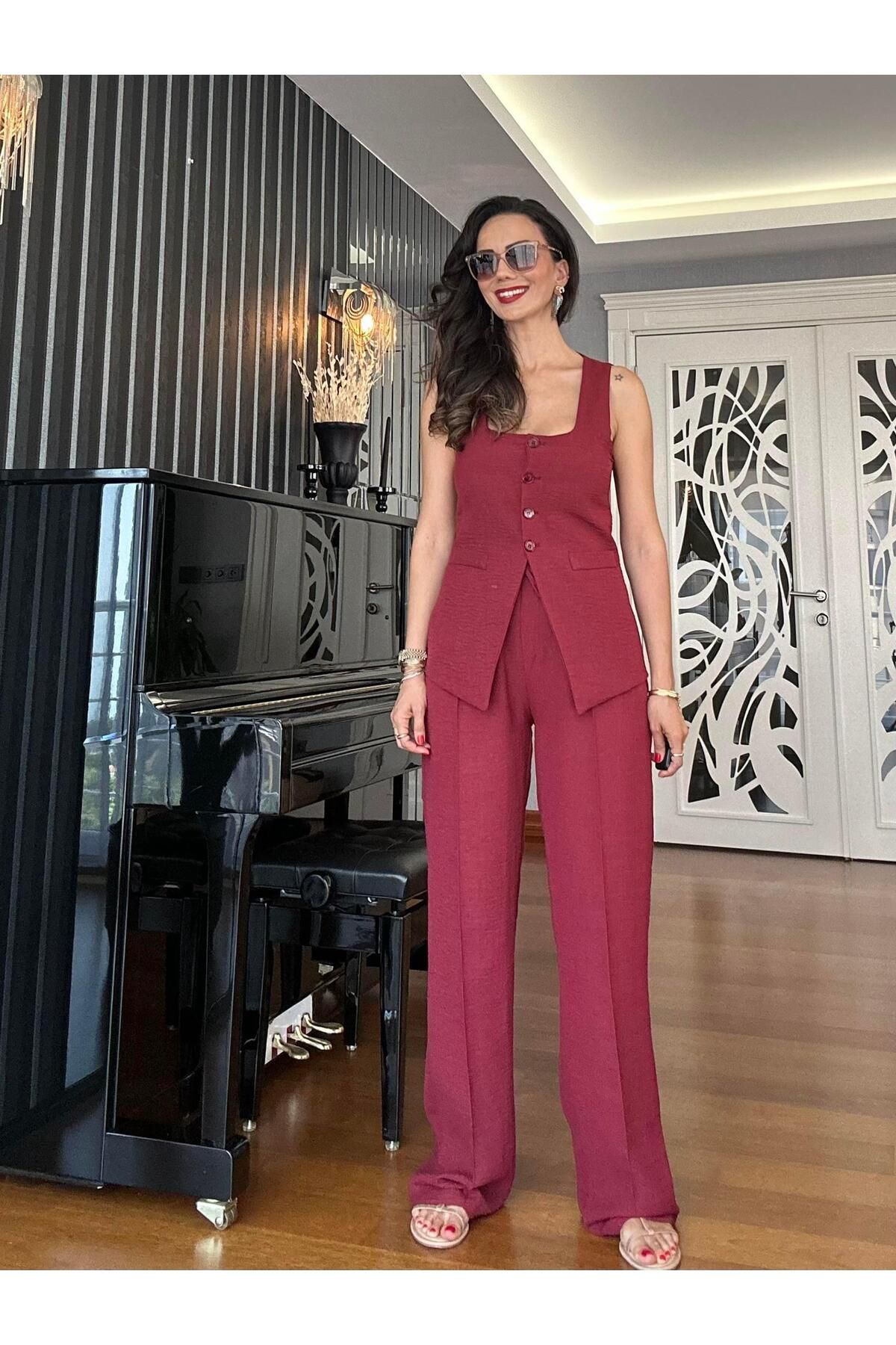 Atelier Derin Bordo Keten Yelek Pantolon Takım