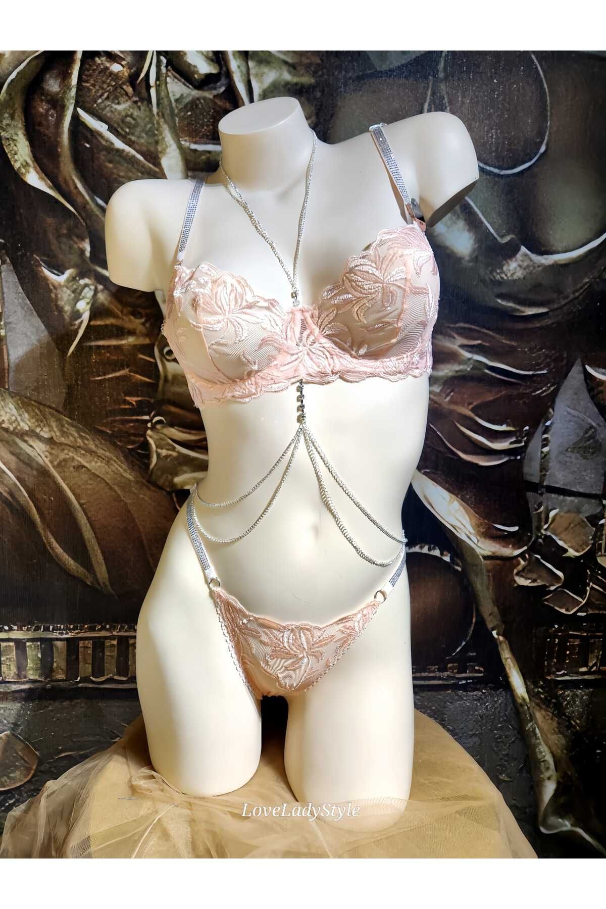 LoveLadyStyle Love Lady Çiçek Nakışlı Dantel Sütyen Takım Braset- AYS-7003