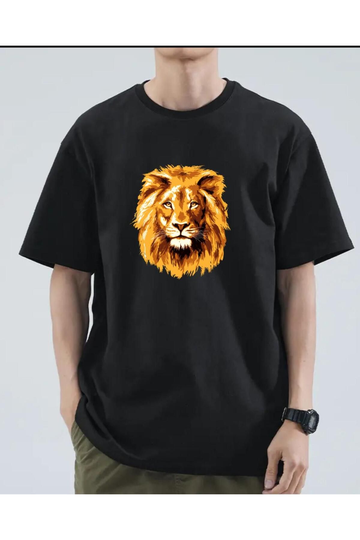 exans moda siyah ateşi aslan basklı unisex oversize tshirt