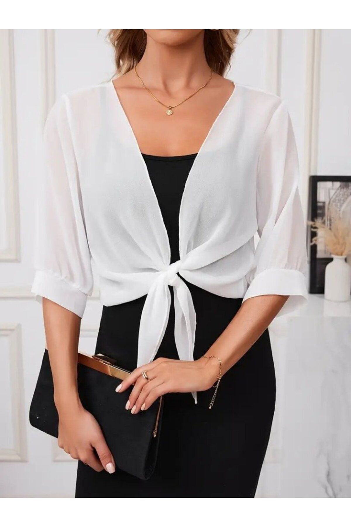 Kokosh moda Kadın Truvakar Kol Önden Bağlamalı Kısa Şifon Bolero Ceket