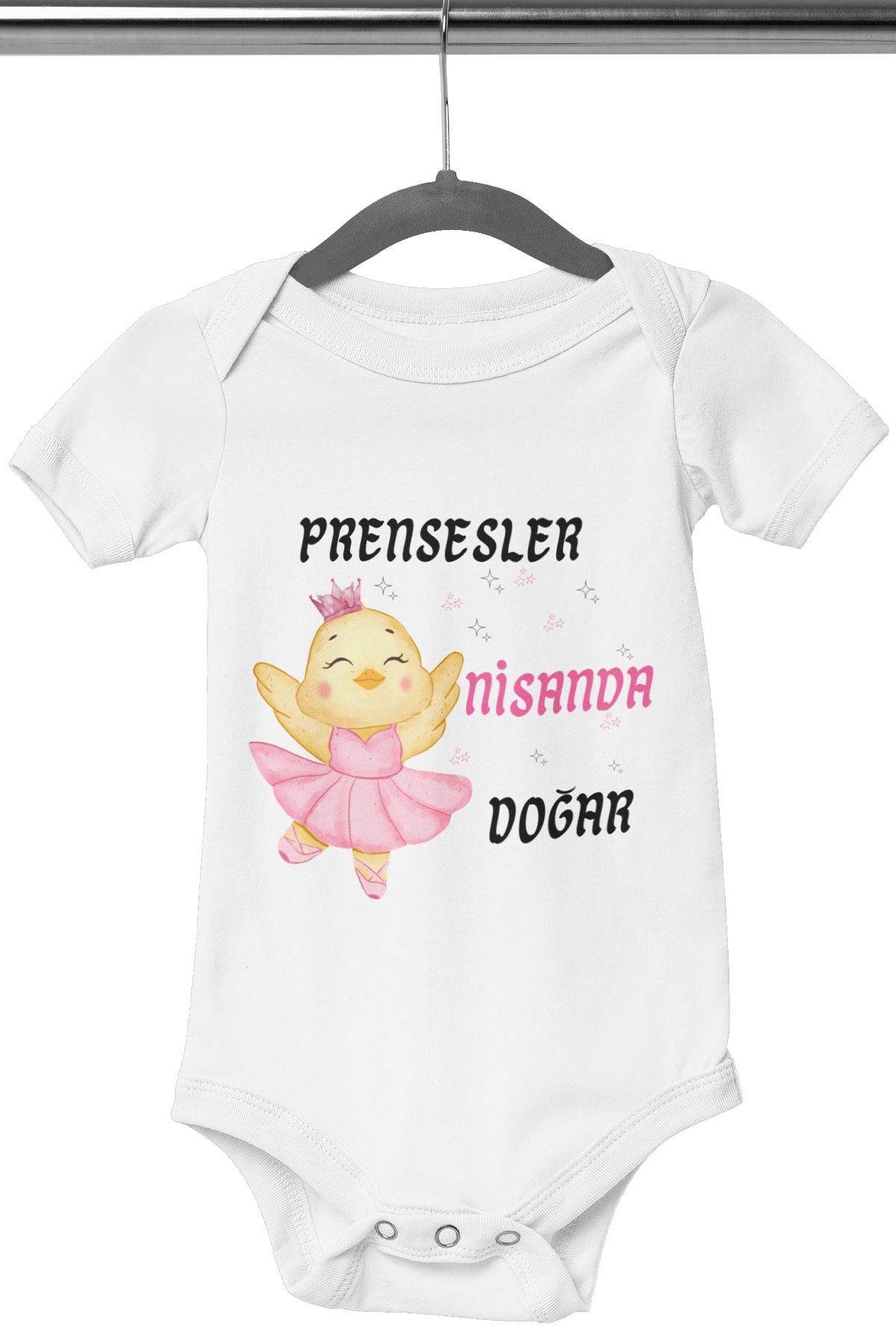 qoeuyl boutique Prensesler Bu Ayda Doğar Baskılı Çıtçıtlı %100 Pamuklu Beyaz Kız Bebek Zıbın Body