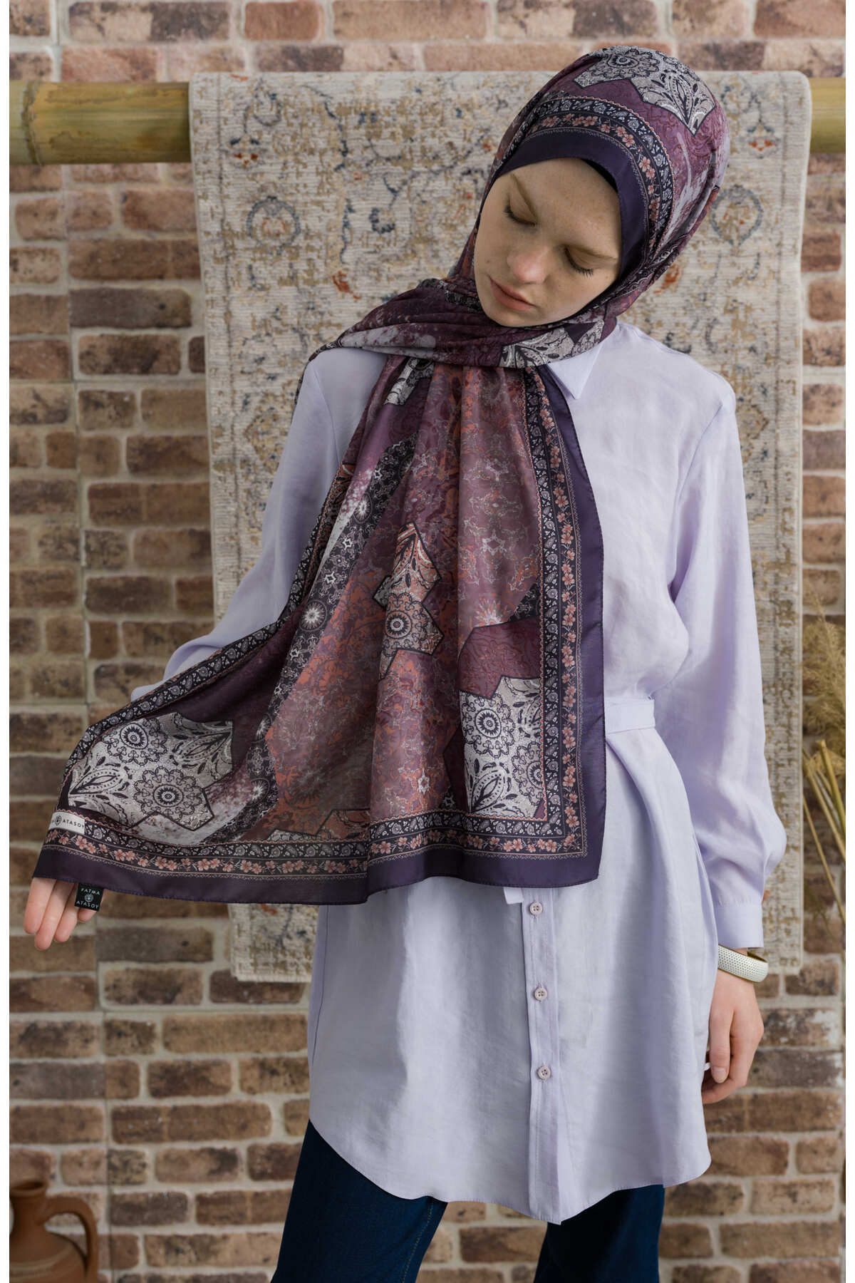 Fatma Atasoy-Glorina Eggplant Purple Ethnic Patterned Shawl 7