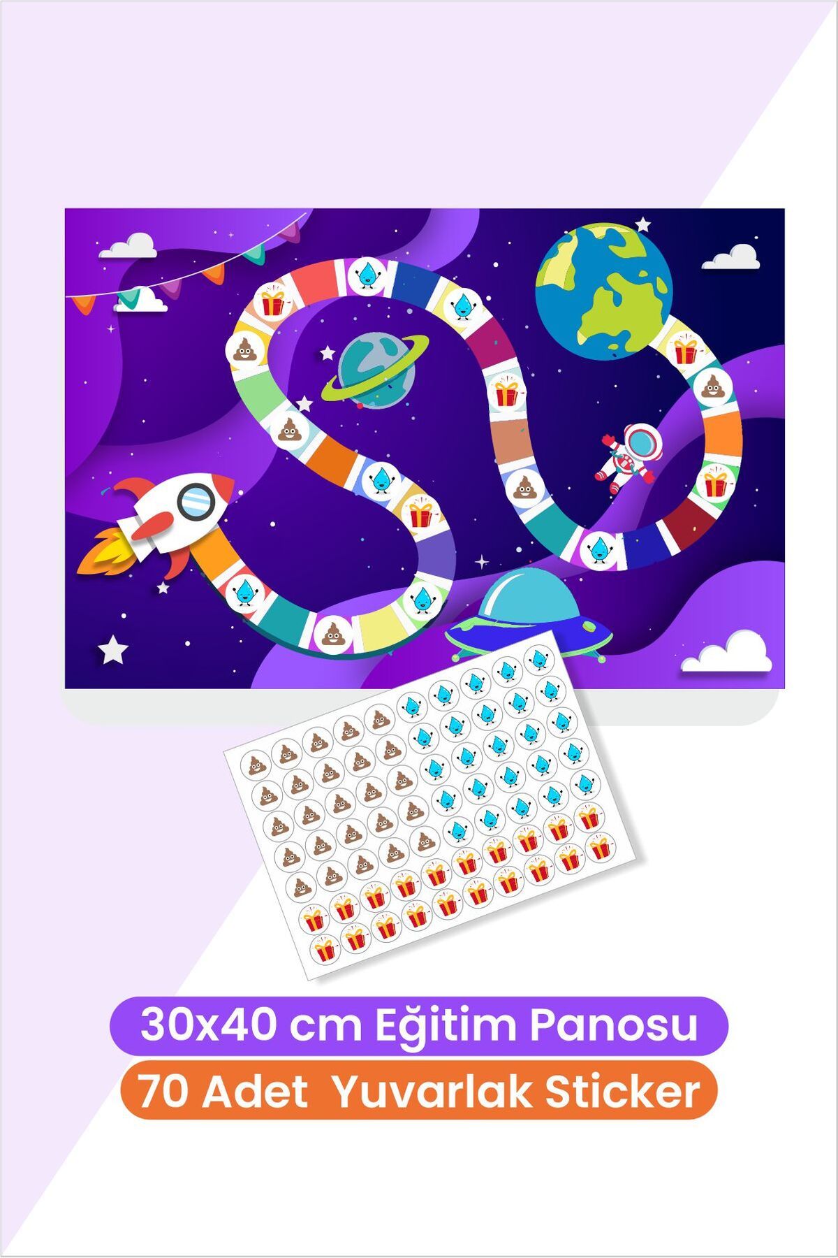 Piksel Grafik Uzay Temalı Eğlenceli ve Eğitici Tuvalet Eğitimi Sticker Panosu 30x40 cm