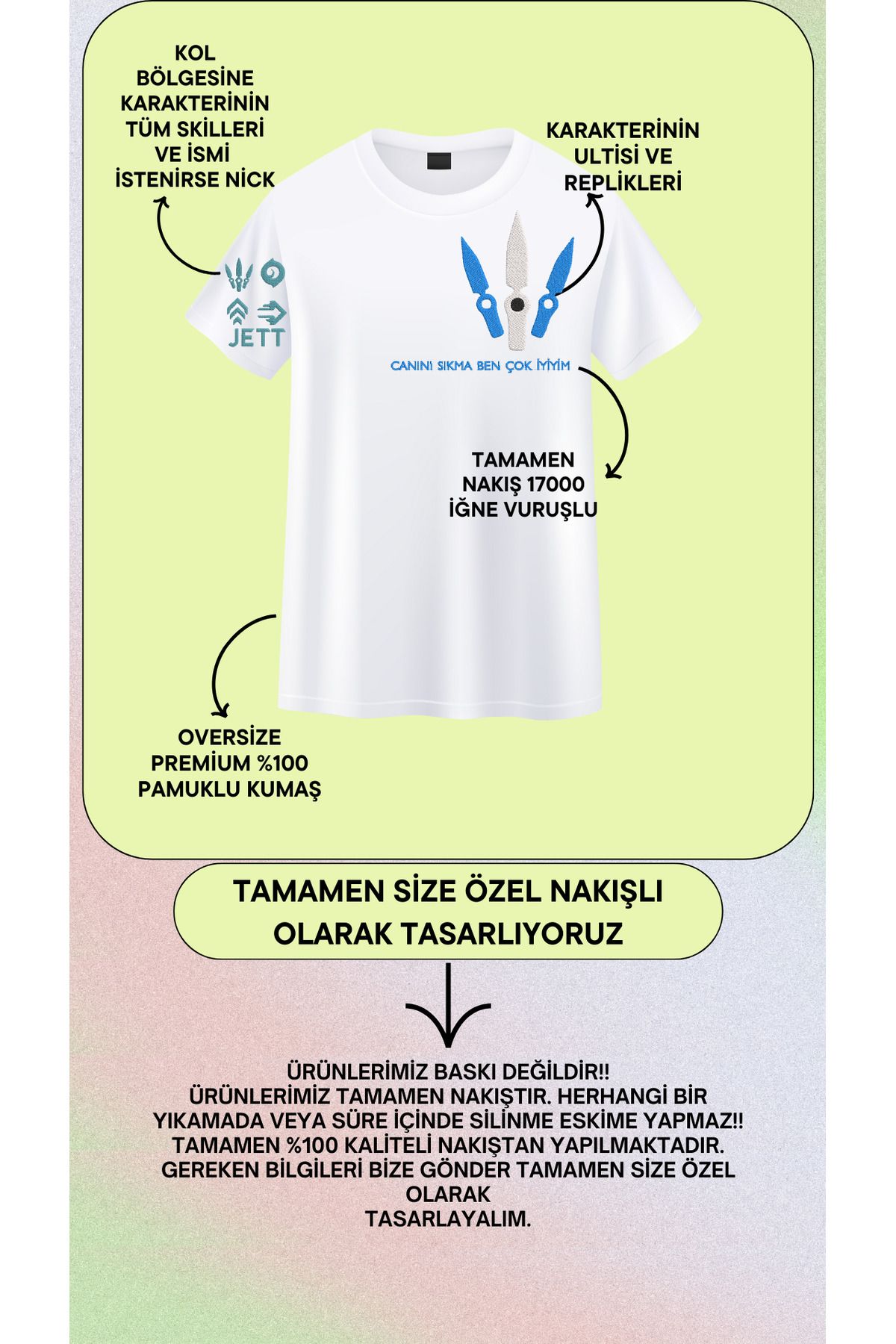 yeswhite Valorant JETT Nakış Tişört – Kişiye Özel Türkçe Replikli Gamer Tasarım