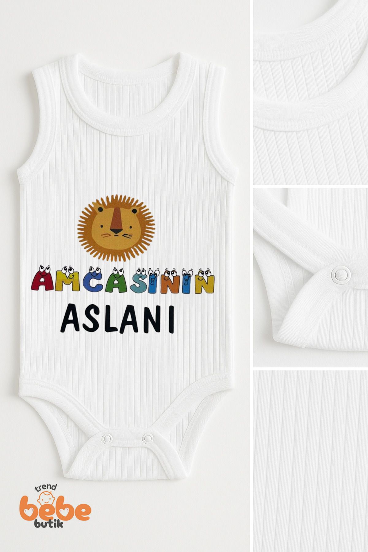 Trend Bebe Butik Amcasının Aslanı Yazılı Erkek Bebek Çıtçıtlı Zıbın Body | 6-36 Ay | %100 Pamuk Yazlık Atlet Tulum
