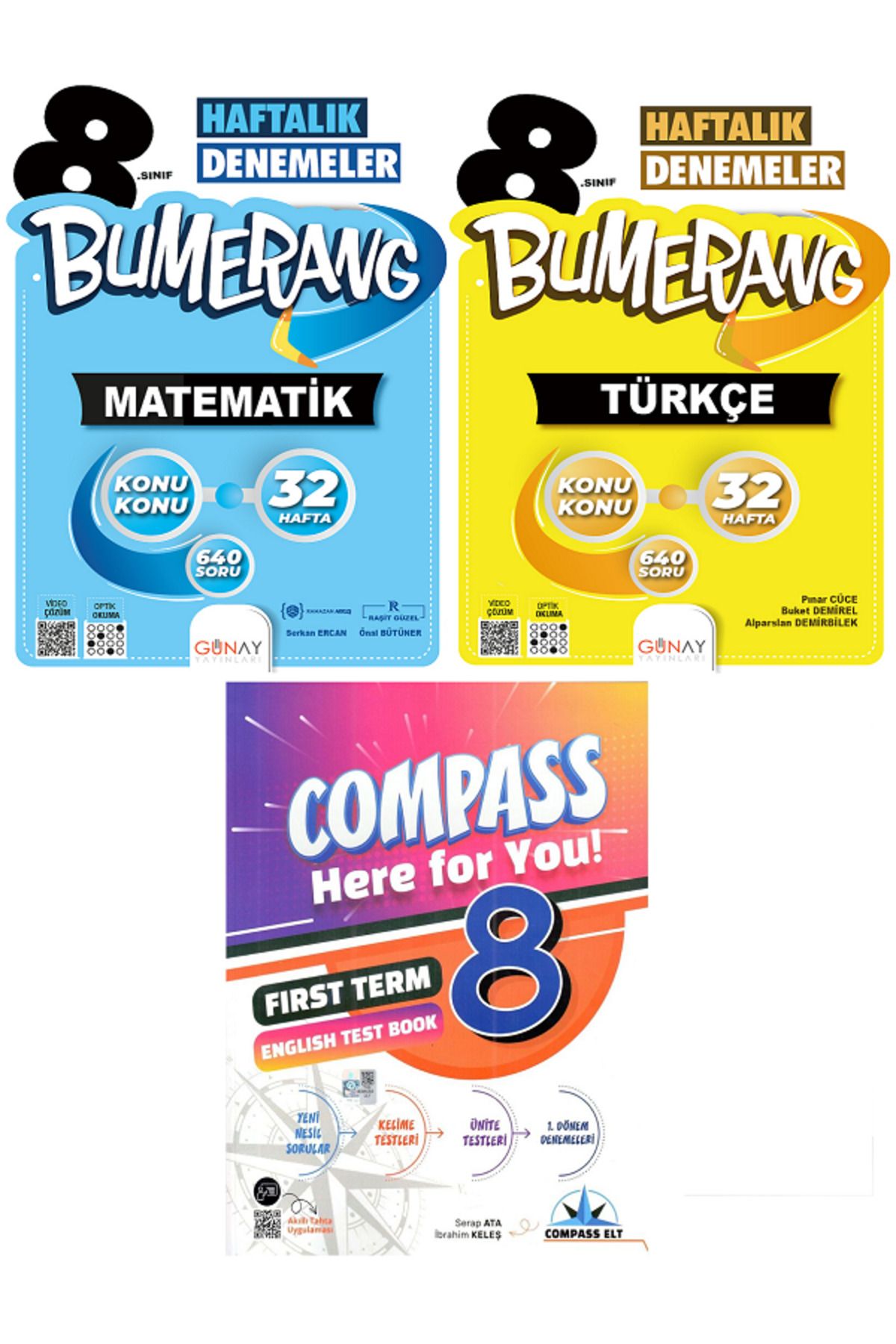 Efsane Yayınları 8.Sınıf Günay Bumerang Matematik + Türkçe 32 Haftalık Denemeler + Compass İngilizce Test Book HEDİYE