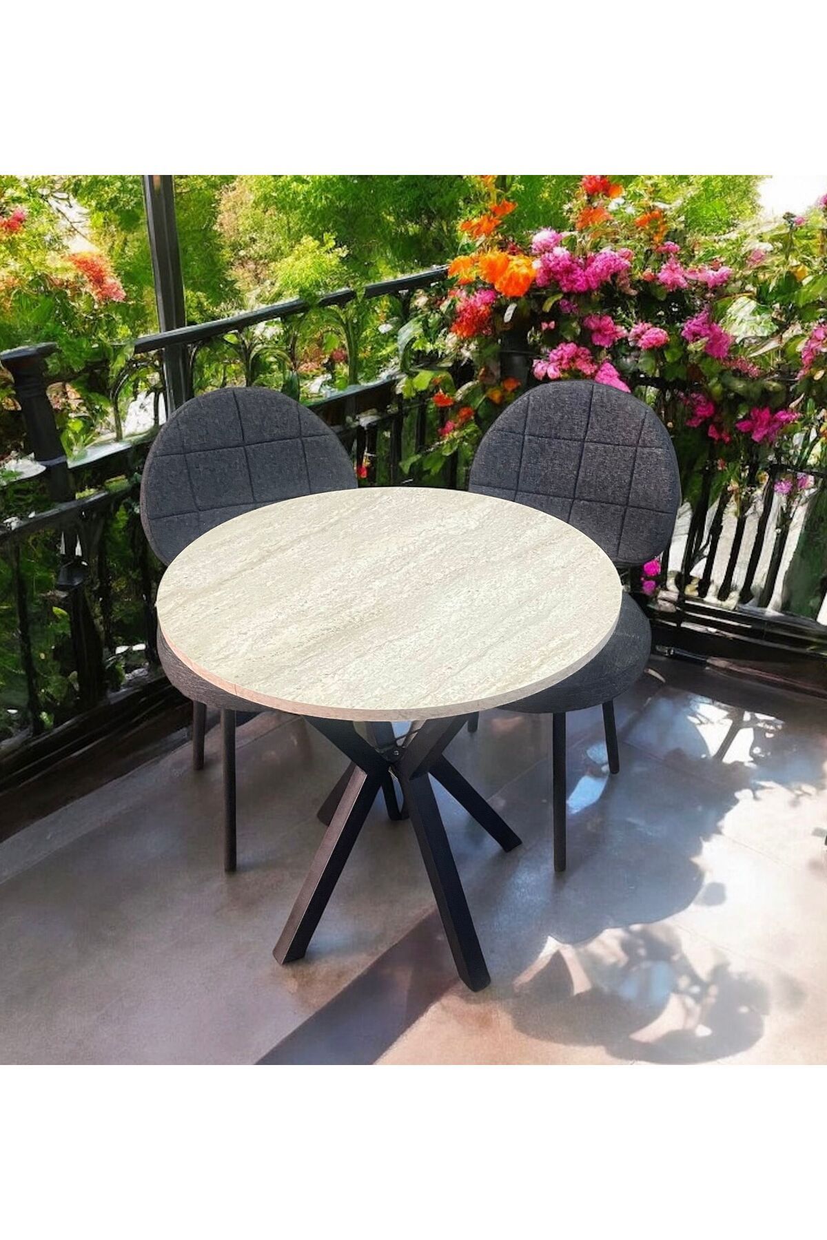 BAMBEDS MOBİLYA Bambeds Mobilya 70x70 Trevertan Yuvarlak Balkon Masa Ahtapot Ayak Armut Keten Sandalye 2 Adet