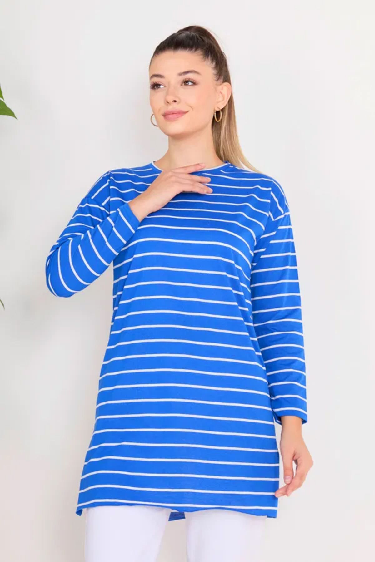 Butik Çizgili Yırtmaçlı Tunik