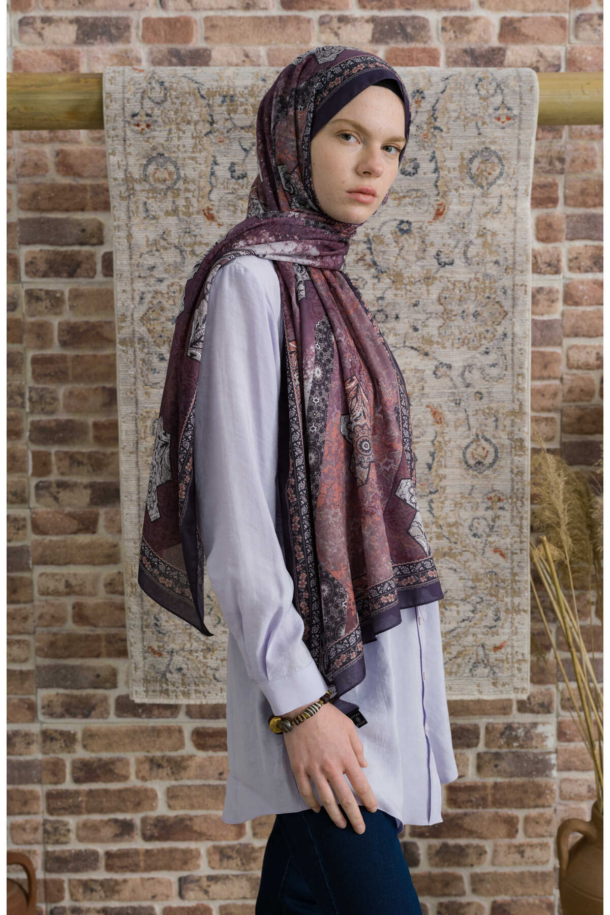 Fatma Atasoy-Glorina Eggplant Purple Ethnic Patterned Shawl 5