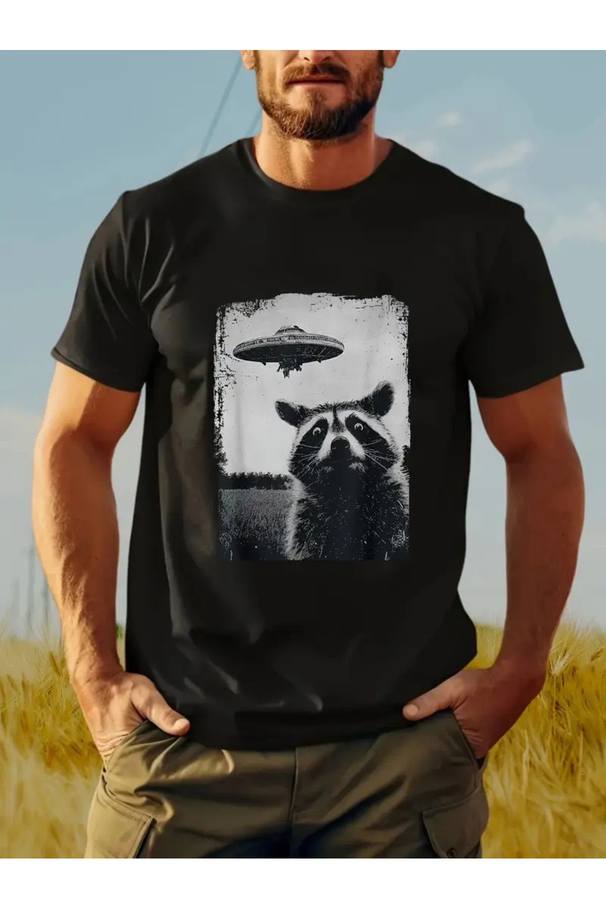LUNAVISTA Racoon Baskılı Bisiklet Yaka Kısa Kol T-shirt