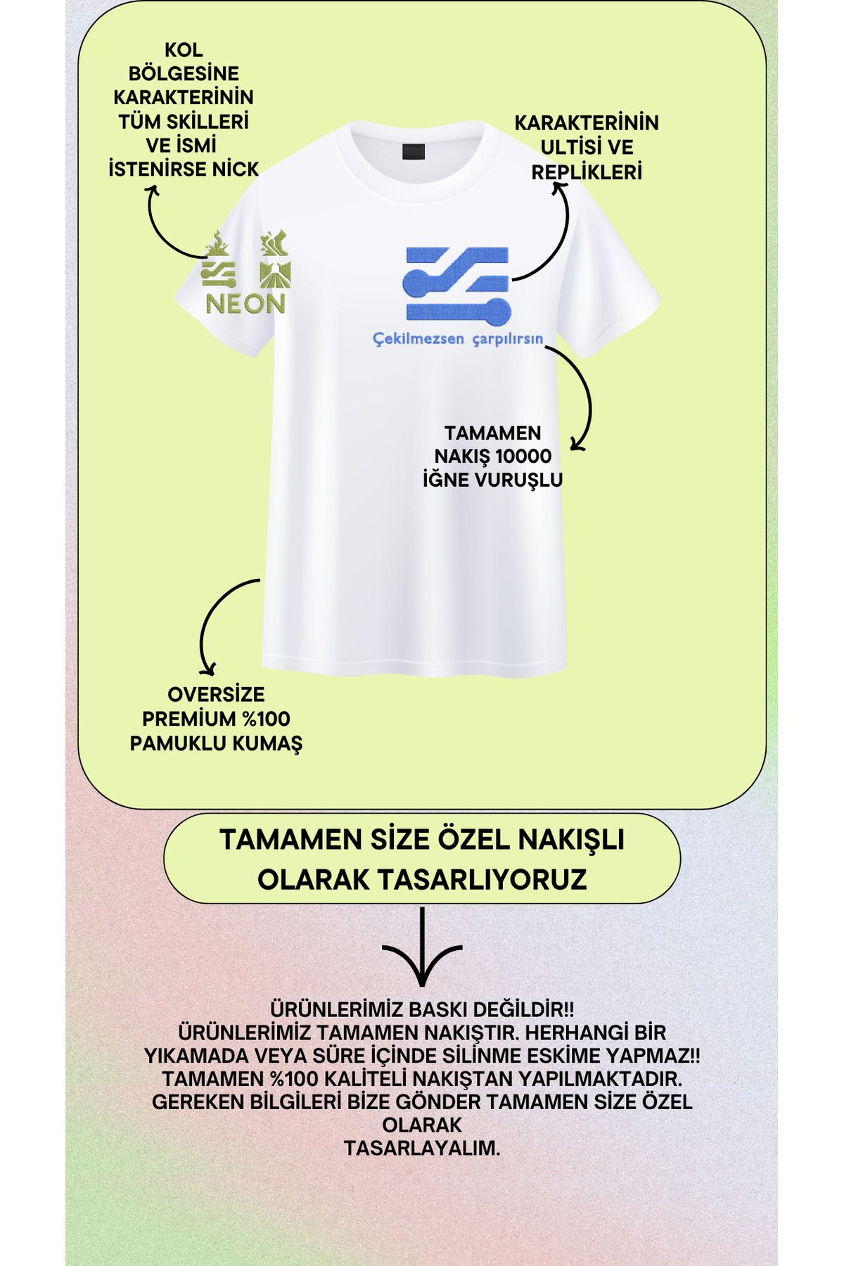 yeswhite Valorant NEON Nakış Tişört – Kişiye Özel Türkçe Replikli Gamer Tasarım
