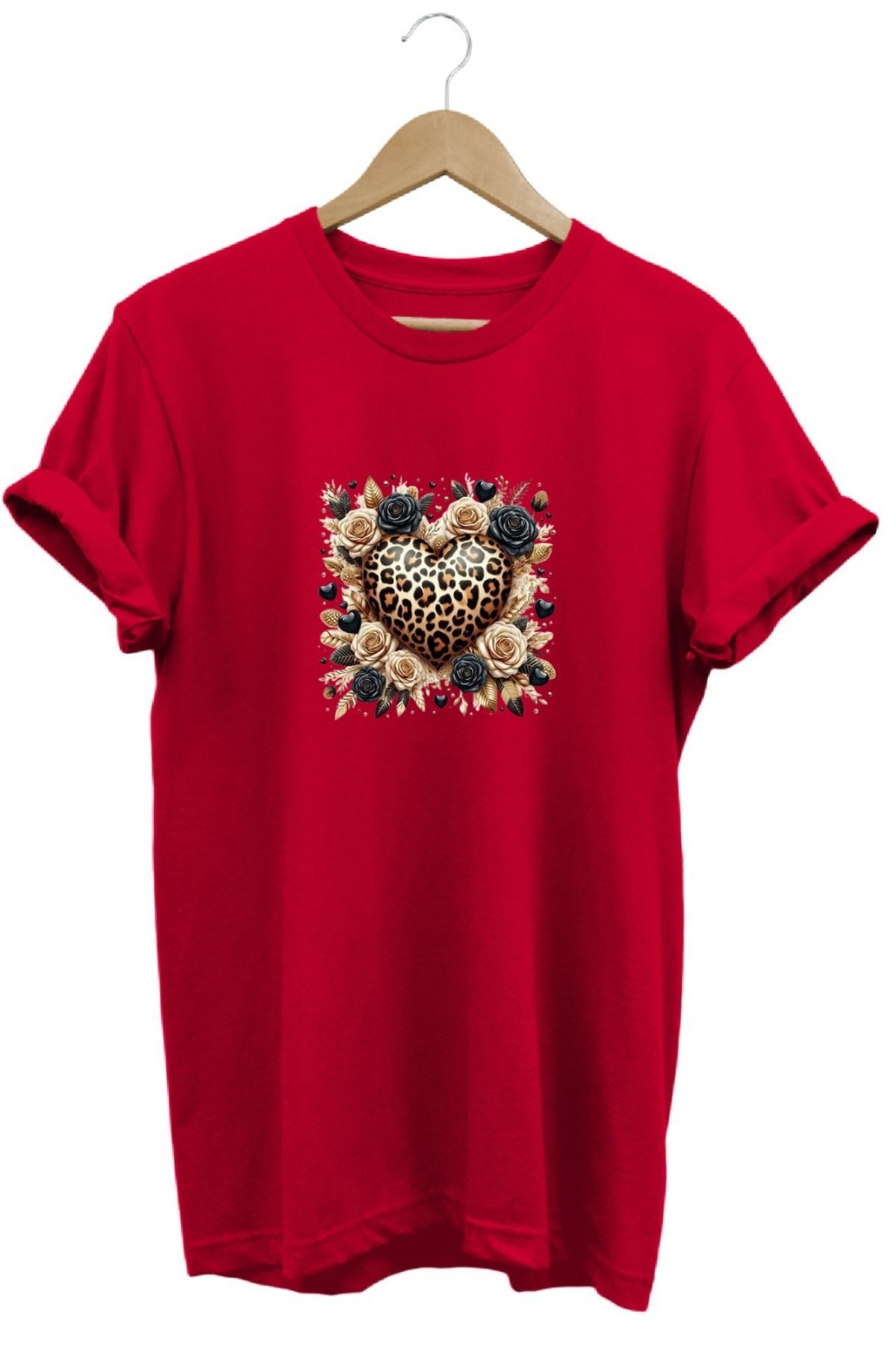 joyyfashion Leopar Kalp Baskılı T-Shirt