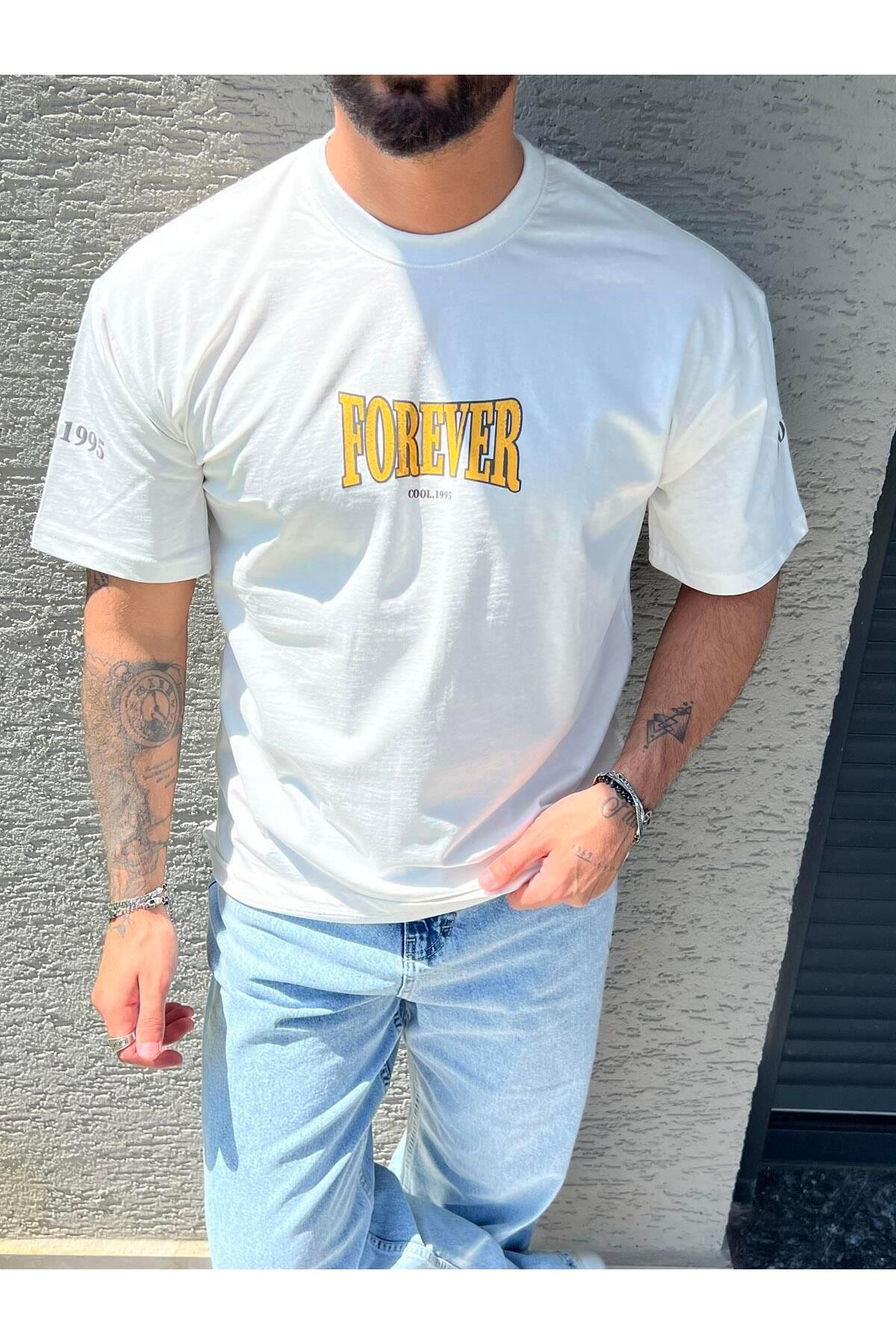 Elzem FOREVER Baskılı Oversize Tshırt Beyaz