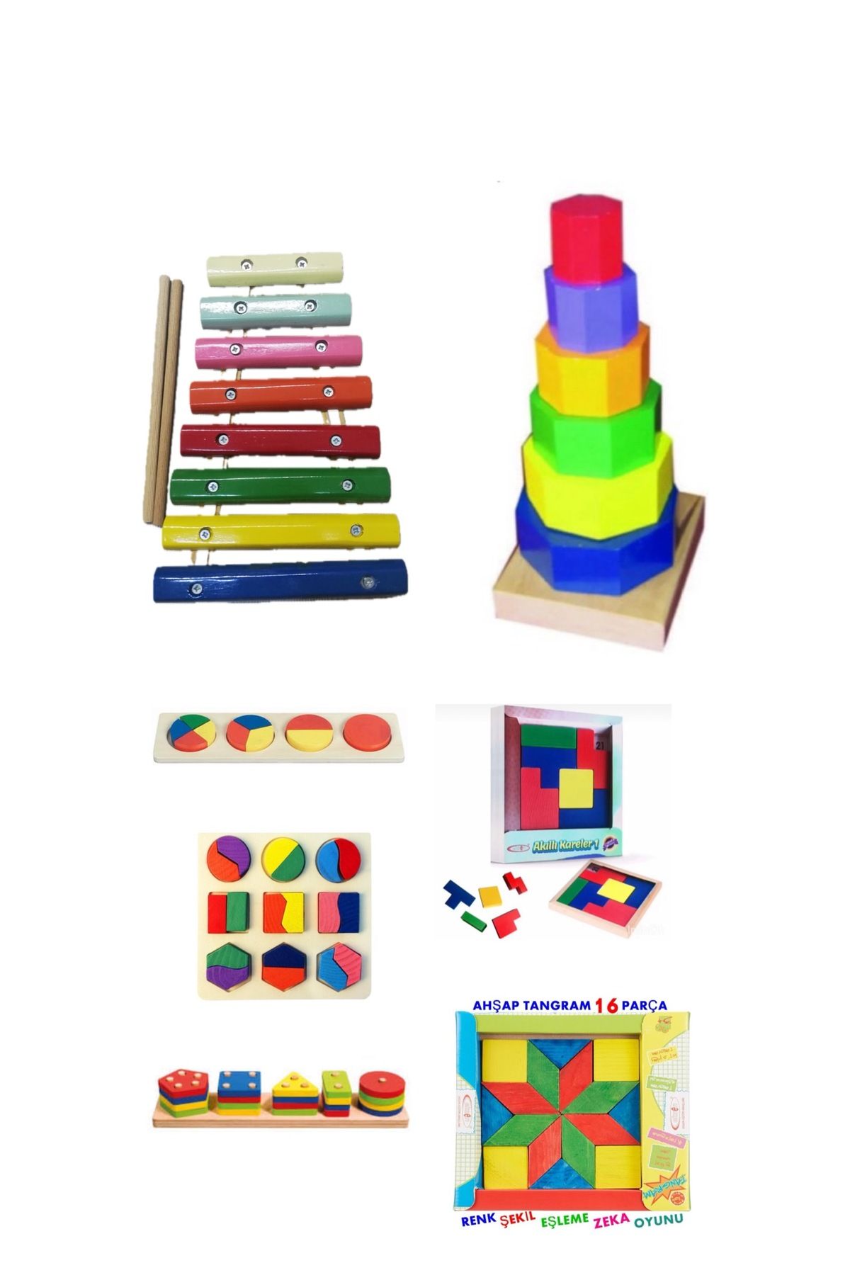 Toy Oyuncak Okul Öncesi Ahşap Oyuncak 7Li Kavram Seti Geometrik Şekiller Parça Bütün Eşleştirme Montessori Materyalleri