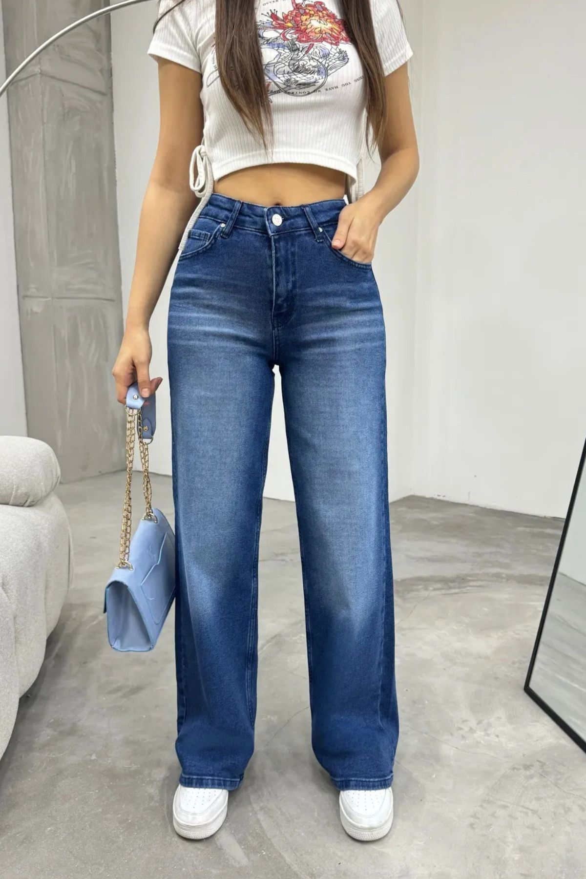 BİKELİFE Kadın Yüksek bel Esnek Soluk Efektli Palazzo Jeans