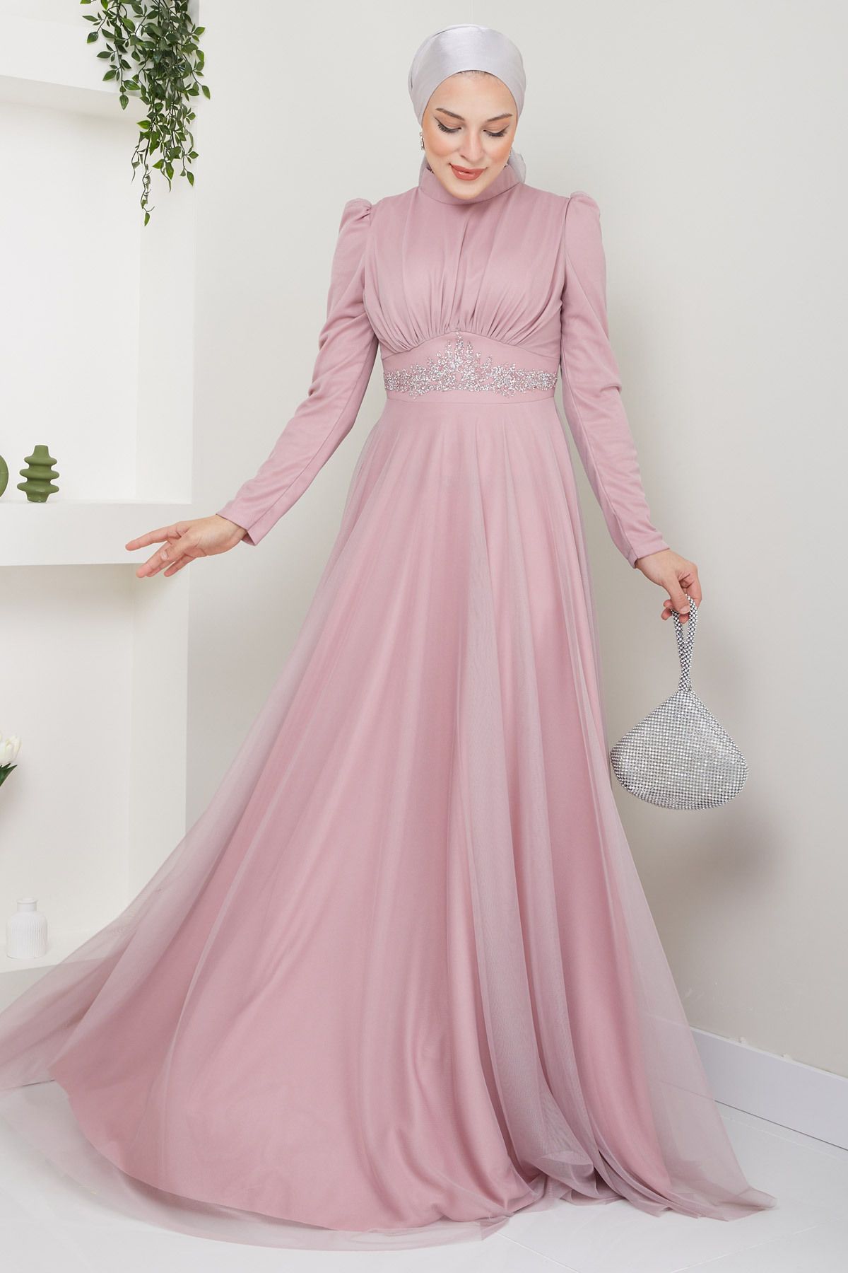 DENİMİNİ Beli Aksesuarlı Tül Tesettür Abiye Elbise DNMES08