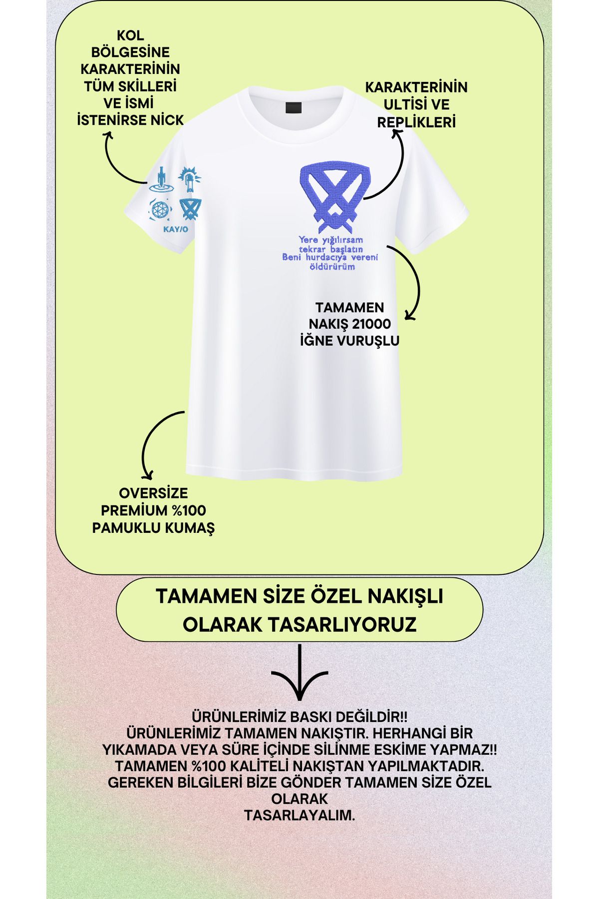 yeswhite Valorant KAY/O Nakış Tişört – Kişiye Özel Türkçe Replikli Gamer Tasarım