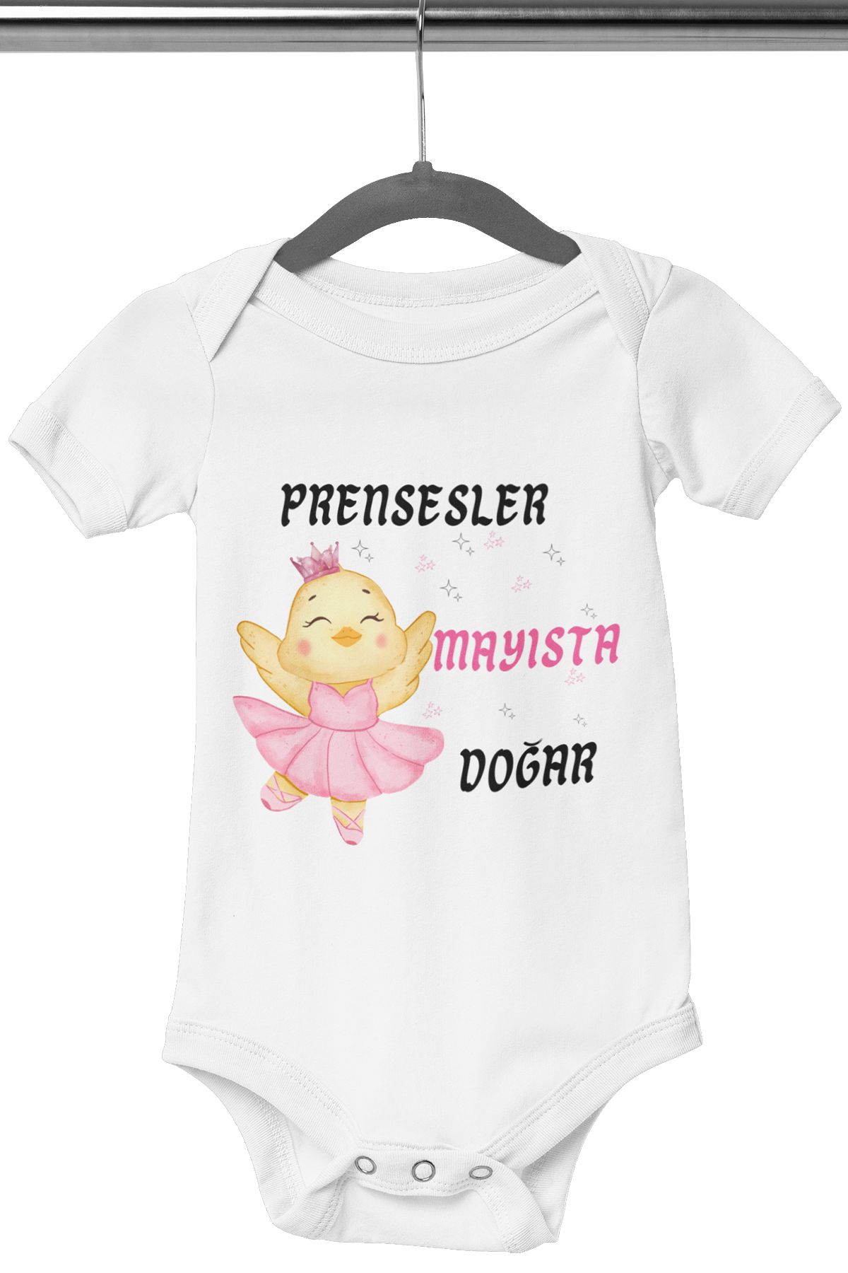 qoeuyl boutique Prensesler Bu Ayda Doğar Baskılı Çıtçıtlı %100 Pamuklu Beyaz Kız Bebek Zıbın Body
