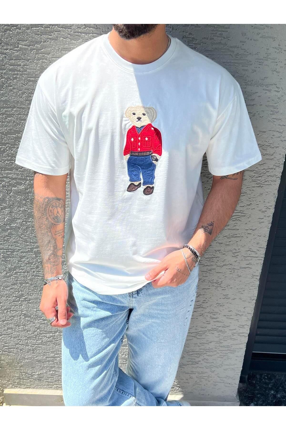 Elzem Ayıcık Baskılı Oversize Tshırt Beyaz