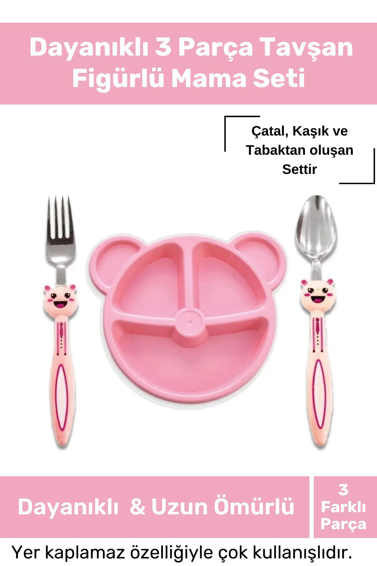 Tois Baby Dayanıklı 3 Parça Tavşan Figürlü Bebek Çocuk Çatal Kaşık Ve Mama Tabağı Seti