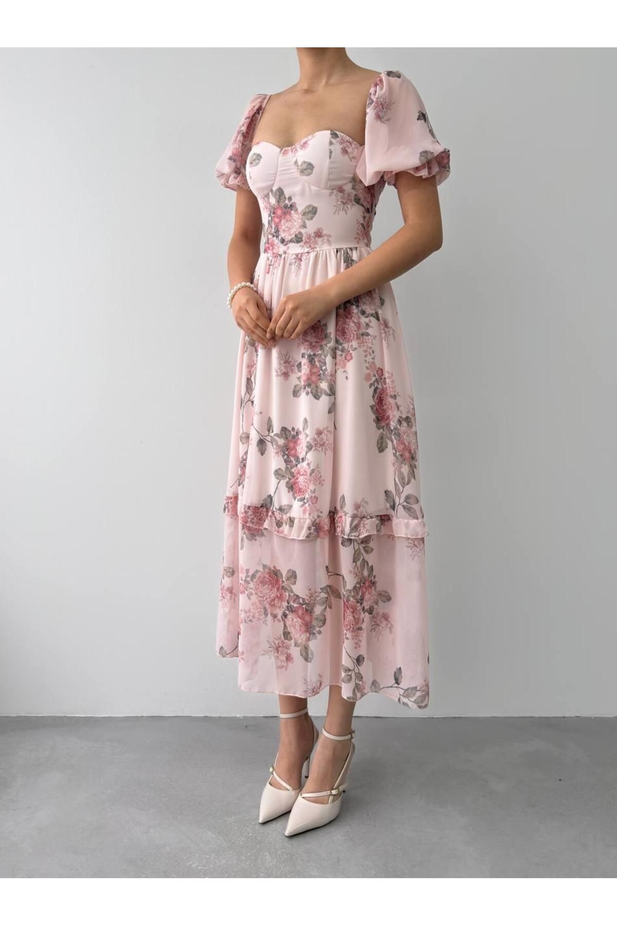 conconmoda Rosa Tasarım Şifon Uzun Elbise