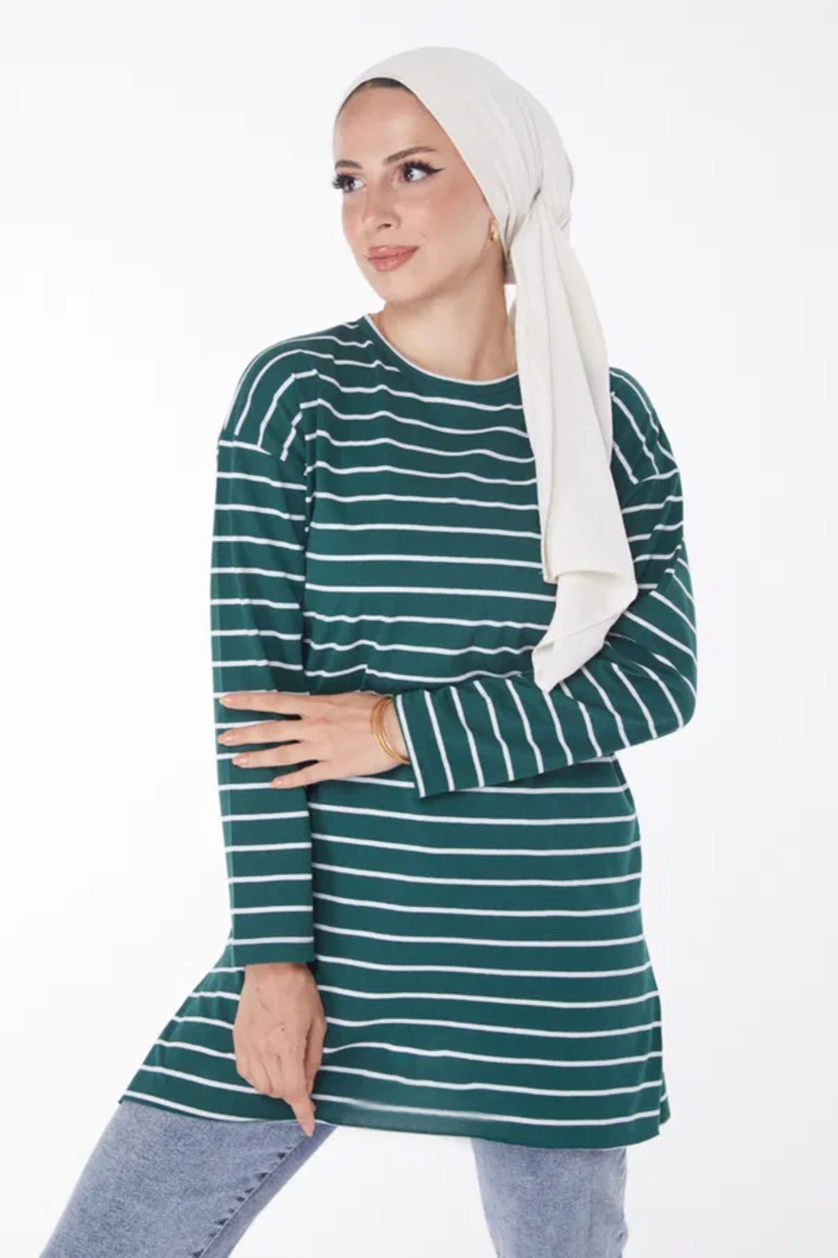 Butik Çizgili Yırtmaçlı Tunik