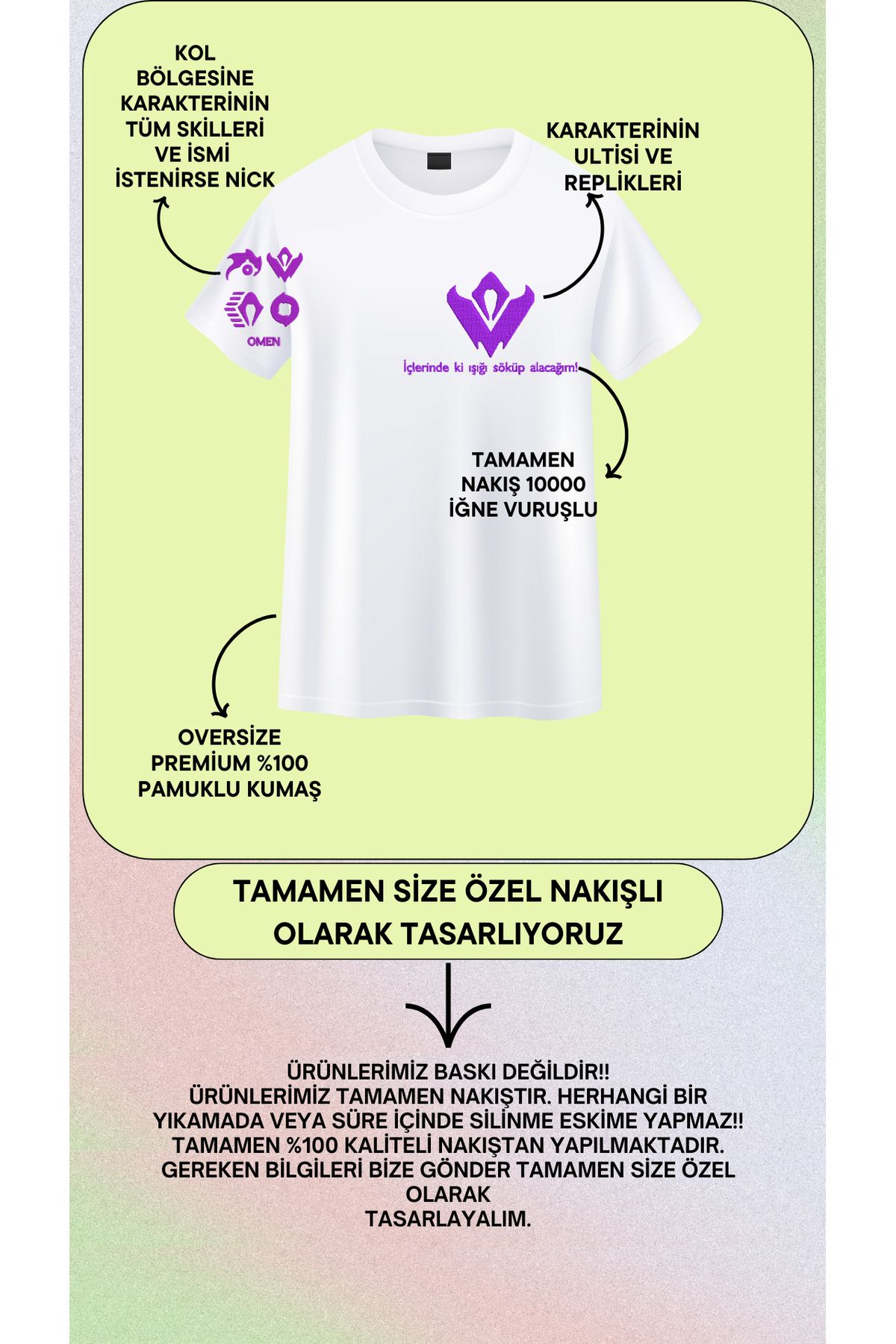 yeswhite Valorant OMEN Nakış Tişört – Kişiye Özel Türkçe Replikli Gamer Tasarım