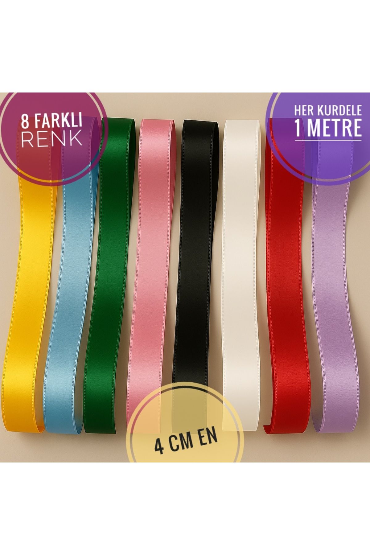Idealtoka 8 farklı renk kurdele ,her kurdele 1 metre uzunluk 4 cm en