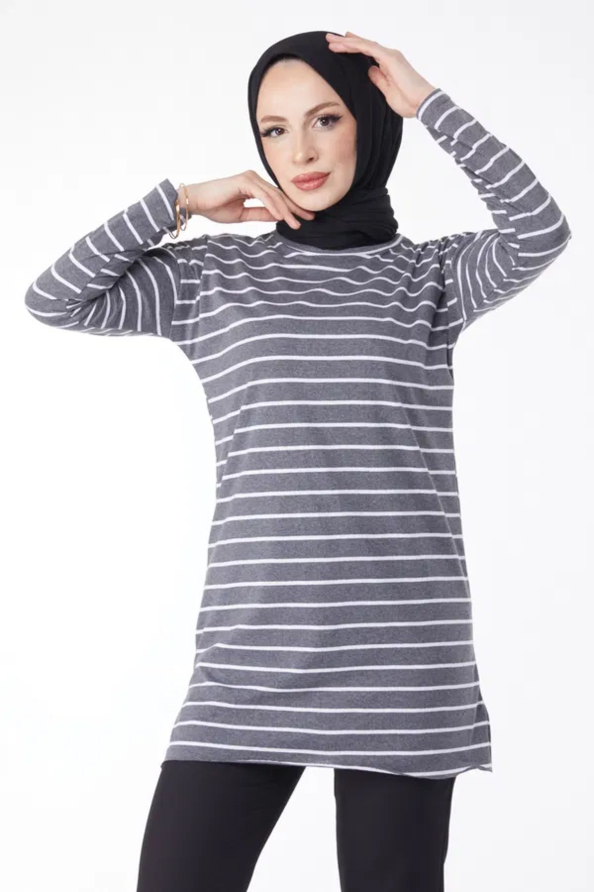 Butik Çizgili Yırtmaçlı Tunik