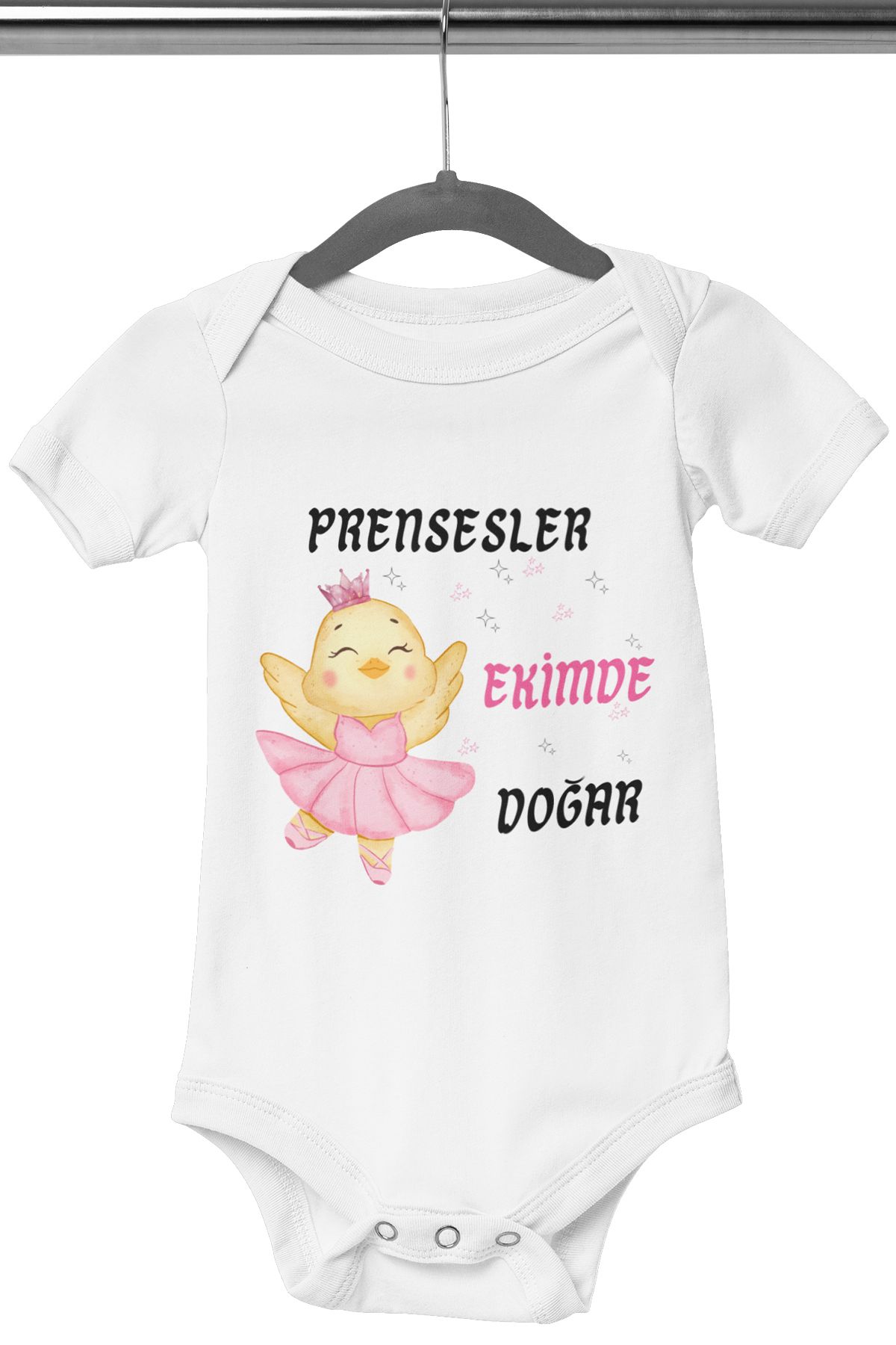 qoeuyl boutique Prensesler Bu Ayda Doğar Baskılı Çıtçıtlı %100 Pamuklu Beyaz Kız Bebek Zıbın Body