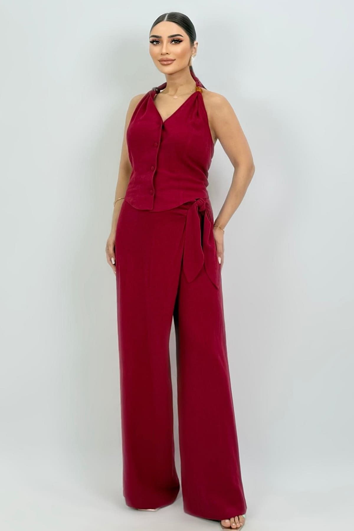 FEVER Beli yandan kuşaklı keten pantolon