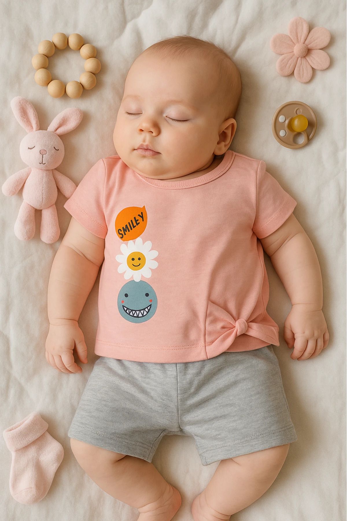 Çıldırıns Yazlık Smiley Baskılı 2’li Bebek Takım