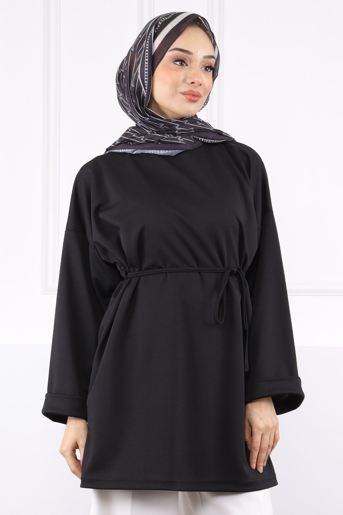 İmajButik Siyah Beli İpli Krep Tunik