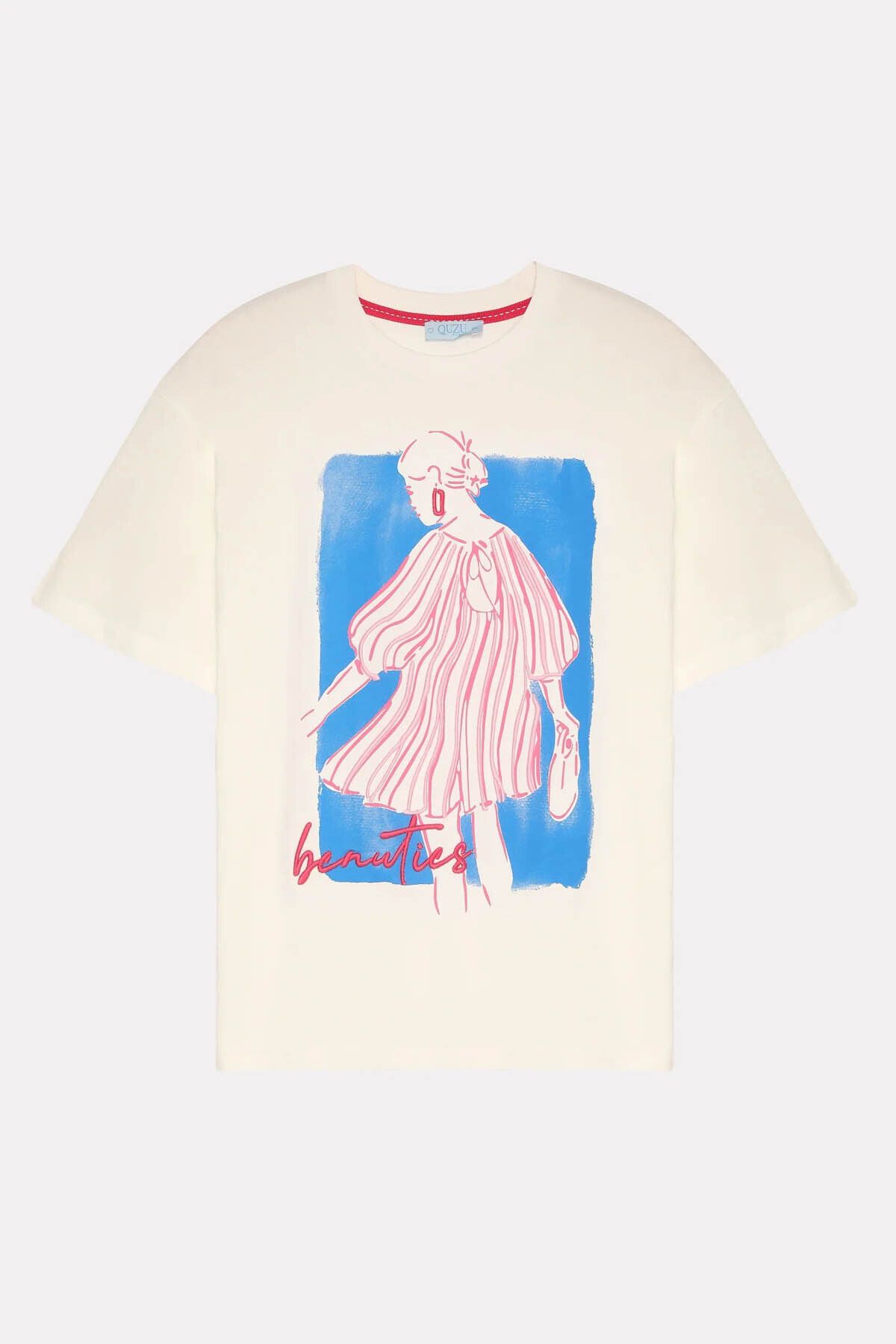 Quzu Nakış Yazılı Baskılı Ekru Kadın T-Shirt TSH00422