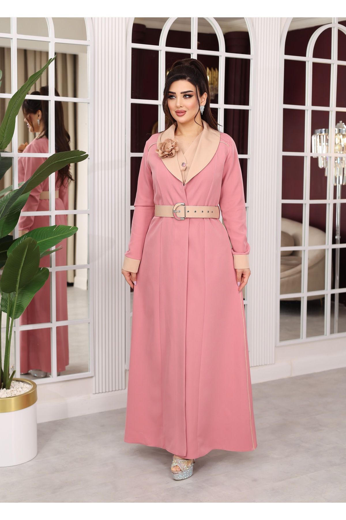 NHMODA Krep Kumaş, Kruvaze yaka, Kemerli ,Astarlı 3'lü Tesettür Takımı