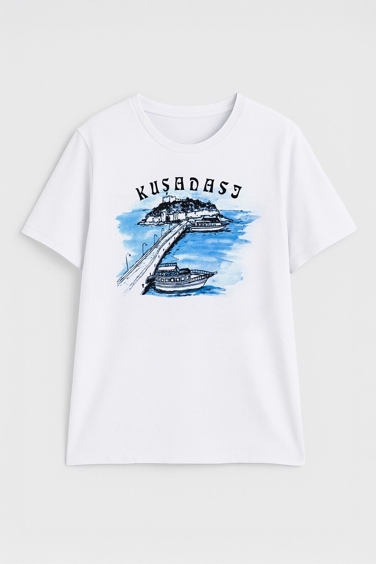 MARKAPIA WOMAN Kadın Bisiklet Yaka %100 Pamuk Mavi Kuşadası Baskılı Kısa Kollu T-Shirt