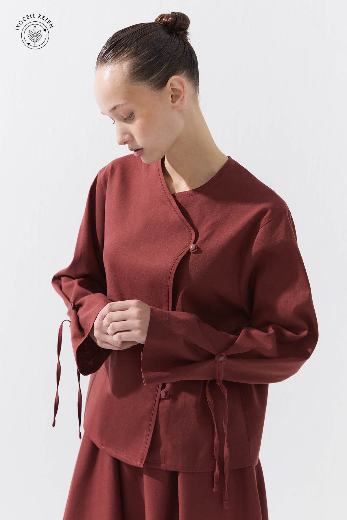 Hooopstore Birit Detaylı Lyocell Keten Mercan Kimono - Fiyatı