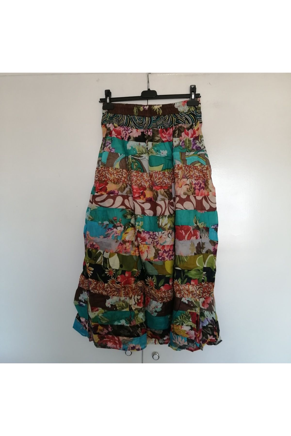 Butik Tülin-Authentic cotton napkin multicolor patterned segmented tiered lining elastic lace-up long skirt Made in India 2
