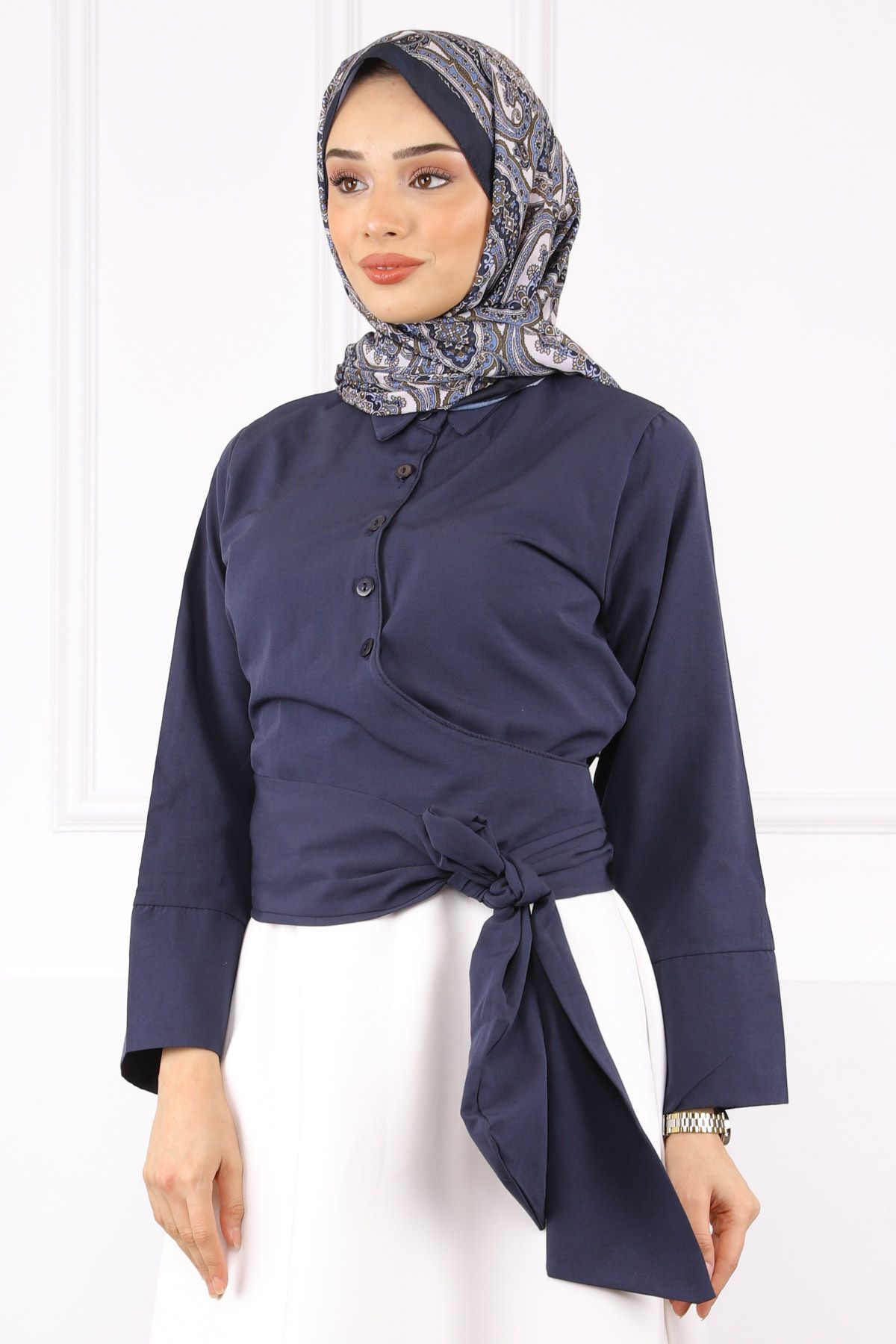 İmajButik Lacivert Bel Bağlamalı Gömlek