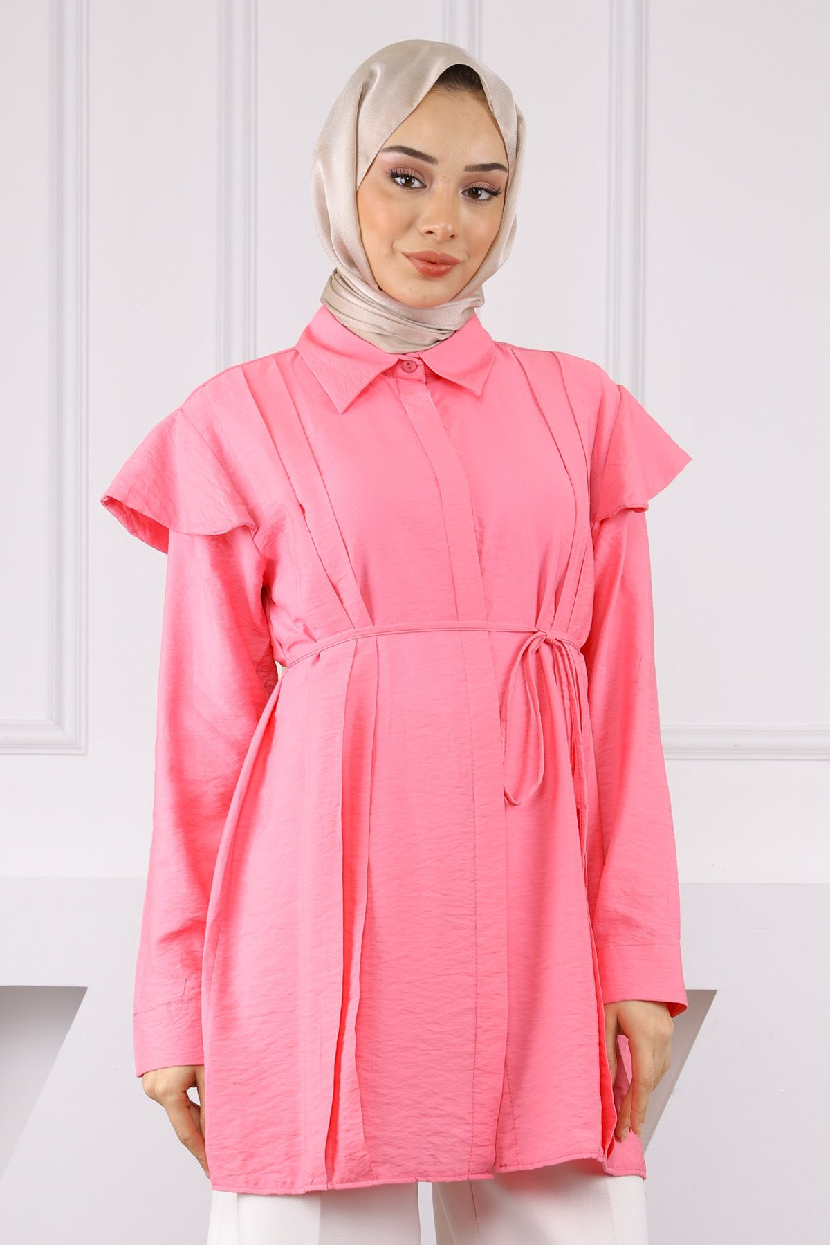 İmajButik Pembe Omuz Detaylı Bel Bağlamalı Tunik
