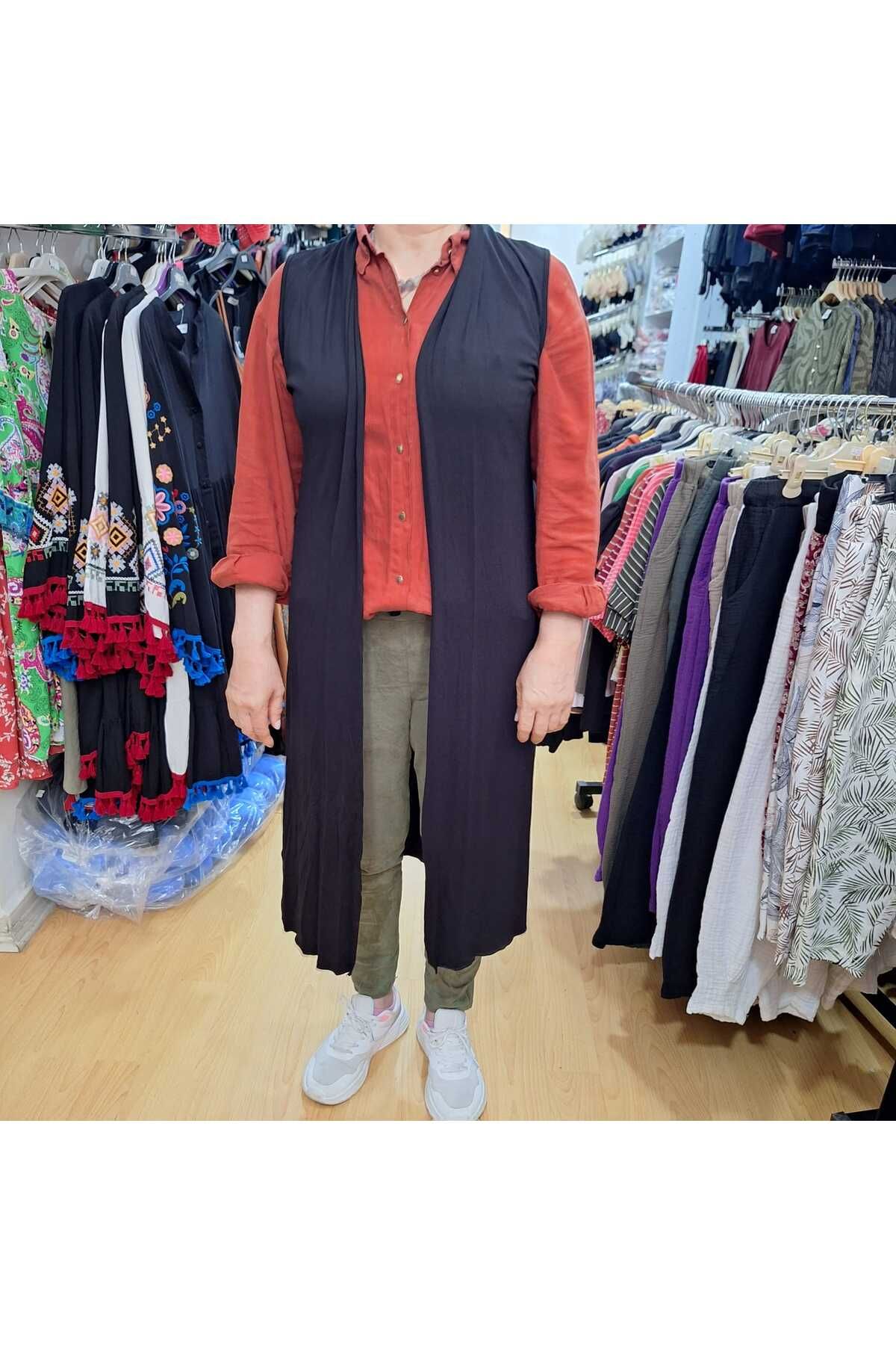 NUR TEKSTİL kadın siyah vison pamuklu penye uzun yanları yırtmaçlı yelek