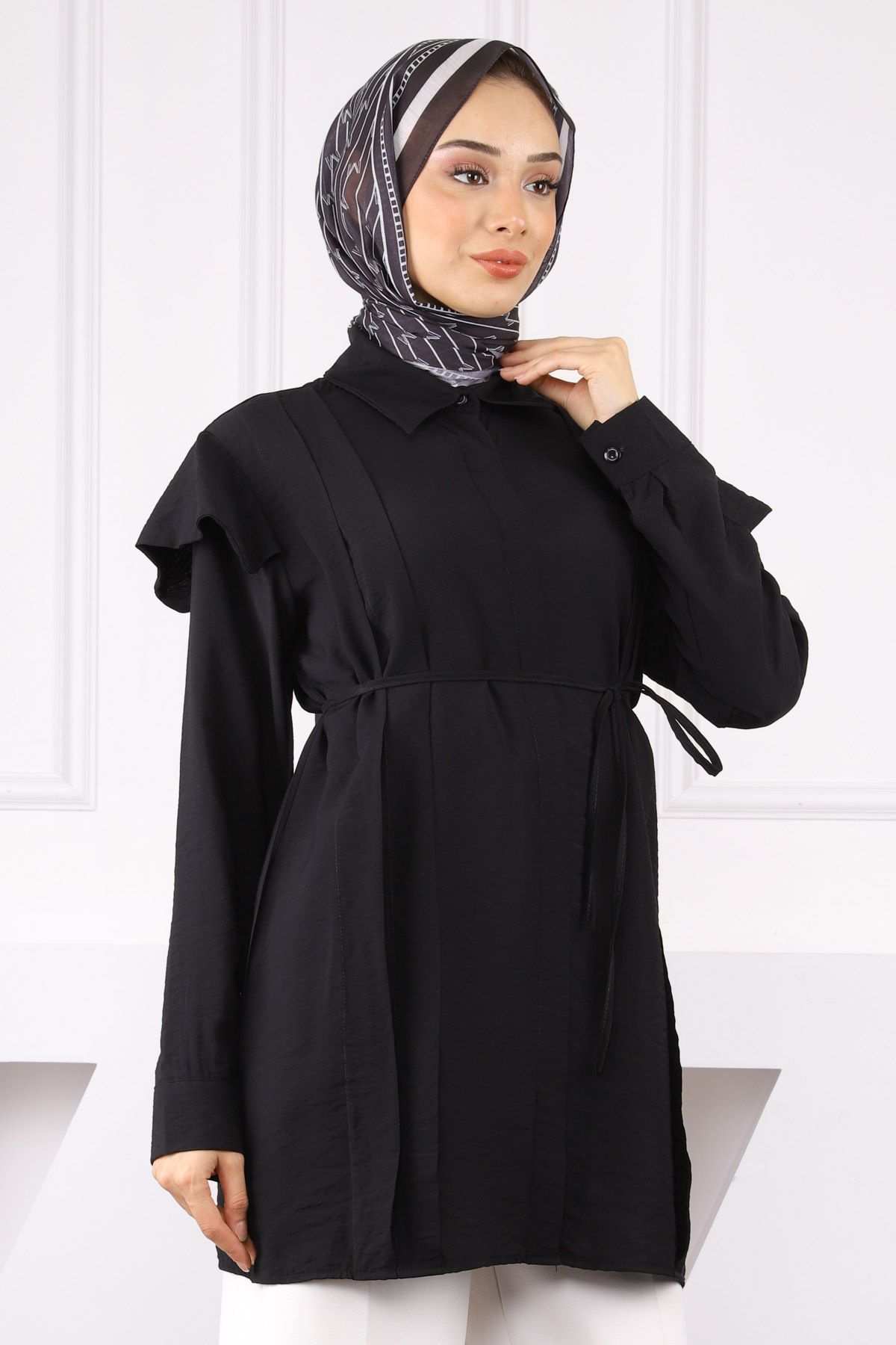 İmajButik Siyah Omuz Detaylı Bel Bağlamalı Tunik